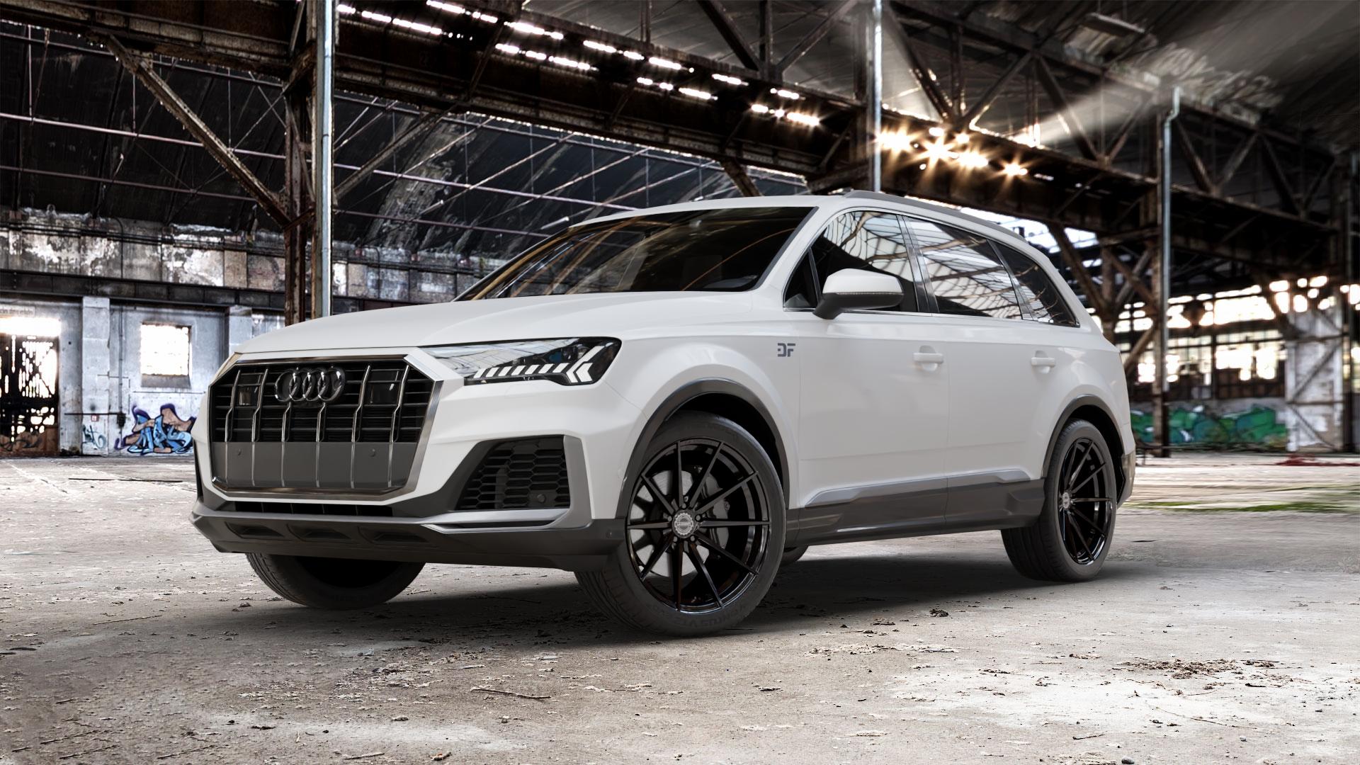 La Chanti Performance LC-P10 Glossy Black Felge mit Reifen schwarz in 21Zoll Winterfelge Alufelge auf weissem Audi Q7 II Typ 4M (4L) Facelift 19-> ⬇️ mit 15mm Tieferlegung ⬇️ Old Industrial Hall_max_5300mm_2024 Frontansicht_1
