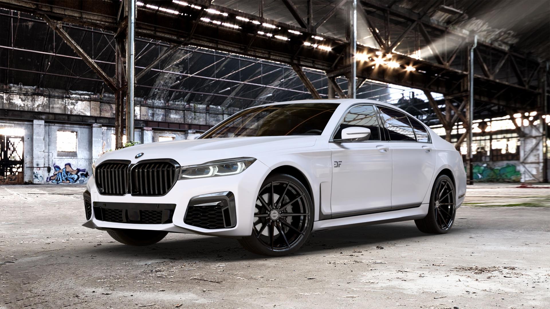 La Chanti Performance LC-P10 Glossy Black Felge mit Reifen schwarz in 21Zoll Winterfelge Alufelge auf weissem BMW 730i Typ G11 Facelift 740i 745e 750i xDrive 7er Limousine (7L) ⬇️ mit 15mm Tieferlegung ⬇️ Old Industrial Hall_max_5300mm_2024 Frontansicht_1