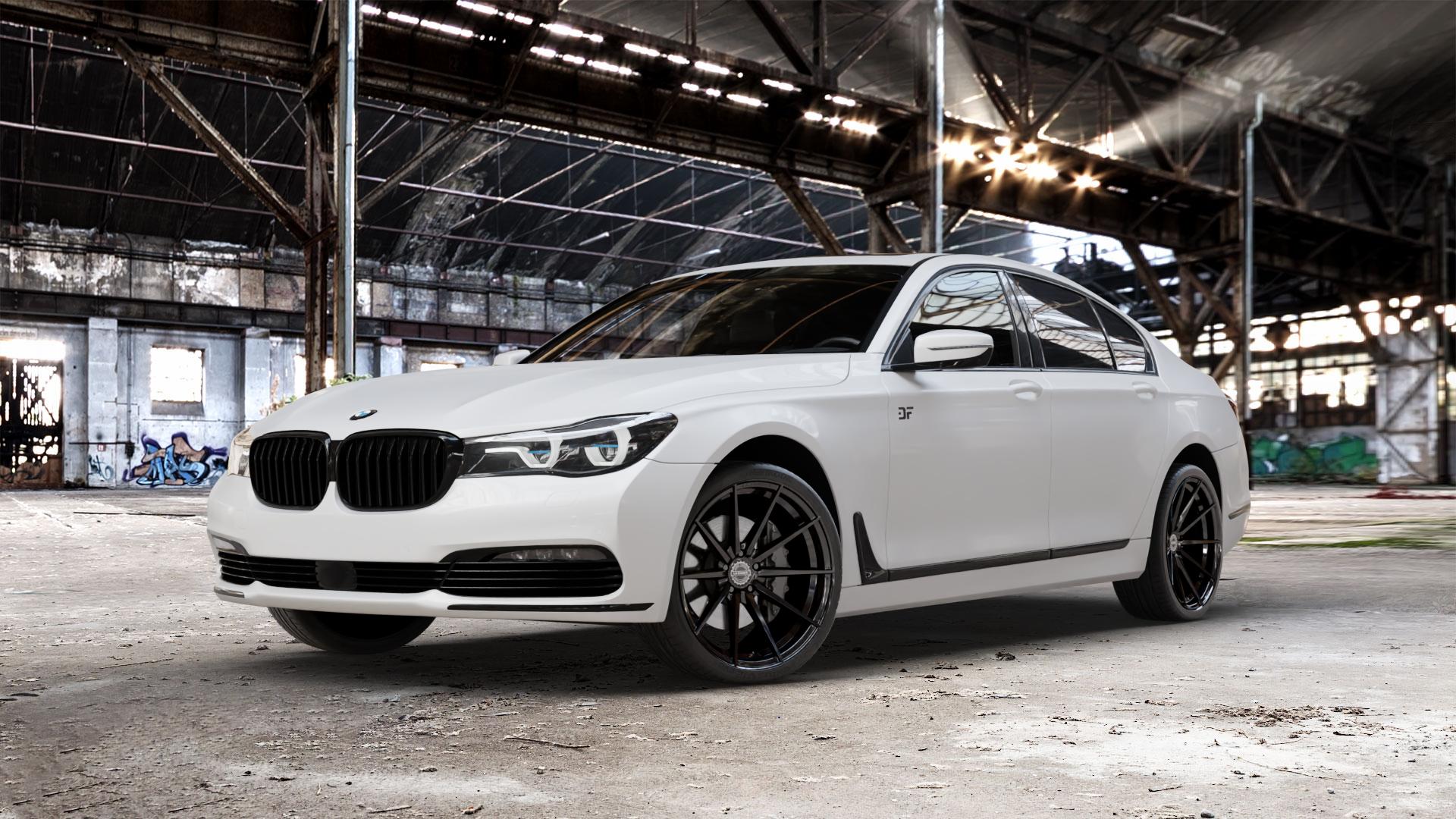 La Chanti Performance LC-P10 Glossy Black Felge mit Reifen schwarz in 21Zoll Winterfelge Alufelge auf weissem BMW 740i Typ G11 750i xDrive 730d 740d 740e 730i 750d 7er Limousine (7L) ⬇️ mit 15mm Tieferlegung ⬇️ Old Industrial Hall_max_5300mm_2024 Frontansicht_1