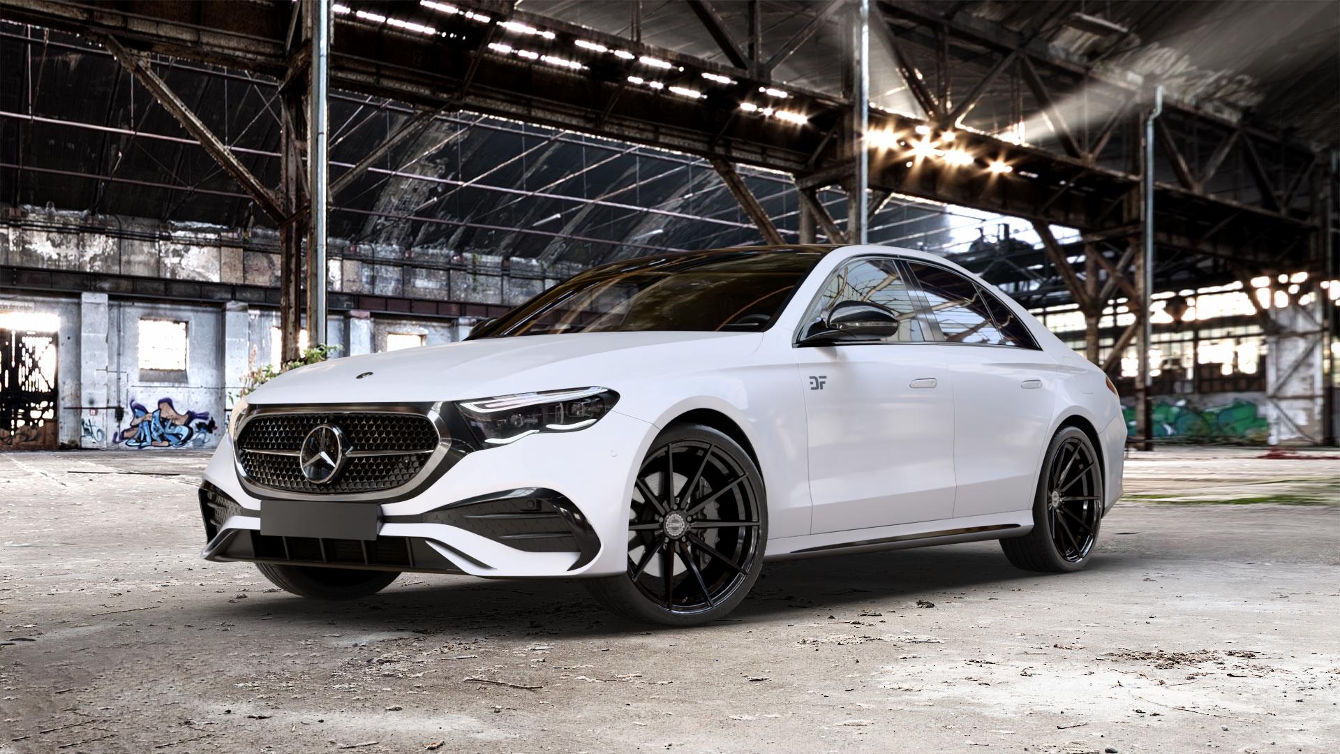 La Chanti Performance LC-P10 Glossy Black Felge mit Reifen schwarz in 21Zoll Winterfelge Alufelge auf weissem Mercedes E-Klasse Typ W214 Limousine (R2EW) ⬇️ mit 15mm Tieferlegung ⬇️ Old Industrial Hall_max_5300mm_2024 Frontansicht_1