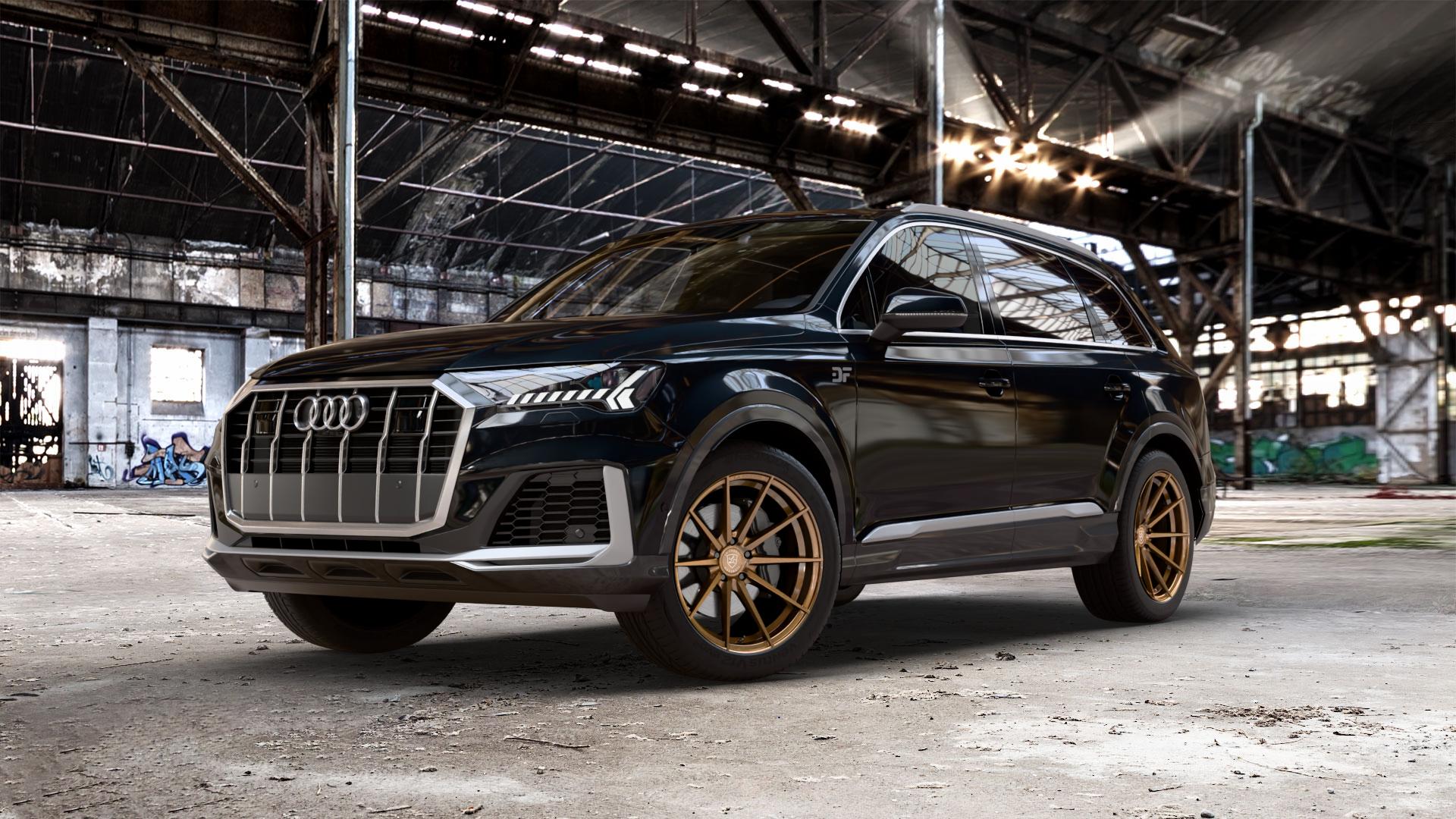 La Chanti Performance LC-P10 Glossy Brushed Bronze Felge mit Reifen in 20Zoll Alufelge auf metallic schwarzem Audi Q7 II Typ 4M (4L) Facelift 19-> ⬇️ mit 15mm Tieferlegung ⬇️ Old Industrial Hall_max_5300mm_2024 Frontansicht_1