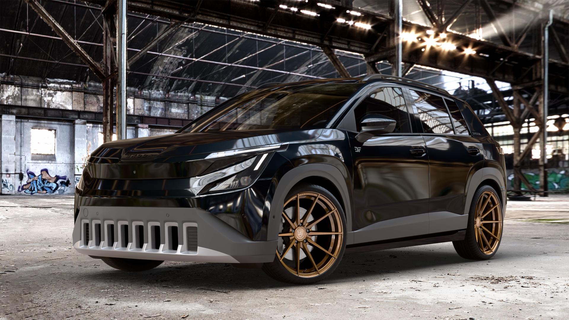 La Chanti Performance LC-P10 Glossy Brushed Bronze Felge mit Reifen in 20Zoll Alufelge auf metallic schwarzem Skoda Epiq Typ PX ⬇️ mit 15mm Tieferlegung ⬇️ Old Industrial Hall_max_4400mm_2024 Frontansicht_1