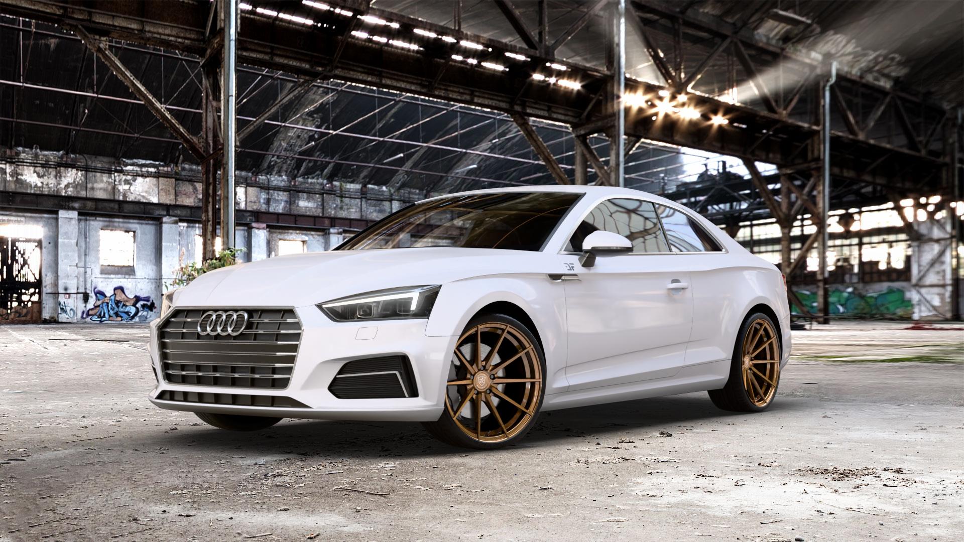 La Chanti Performance LC-P10 Glossy Brushed Bronze Felge mit Reifen in 20Zoll Alufelge auf weissem Audi A5 Typ B9 (Coupé) ⬇️ mit 15mm Tieferlegung ⬇️ Old Industrial Hall_max_5300mm_2024 Frontansicht_1