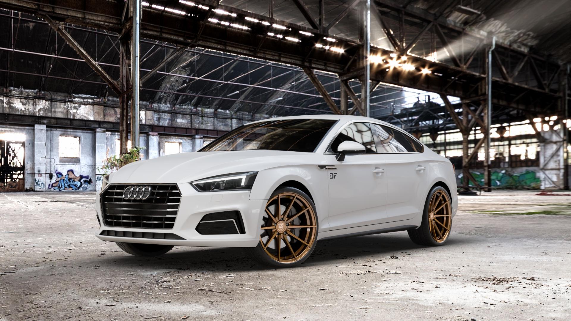 La Chanti Performance LC-P10 Glossy Brushed Bronze Felge mit Reifen in 20Zoll Alufelge auf weissem Audi A5 Typ B9 (Sportback) 2,0l TDI 140kW (190 PS) quattro TFSI 185kW (252 3,0l 160kW (218 200kW (272 1,4l 110kW (150 183kW (249 g-tron 125kW (170 Mild-Hybrid 10 ⬇️ mit 15mm Tieferlegung ⬇️ Old Industrial Hall_max_5300mm_2024 Frontansicht_1