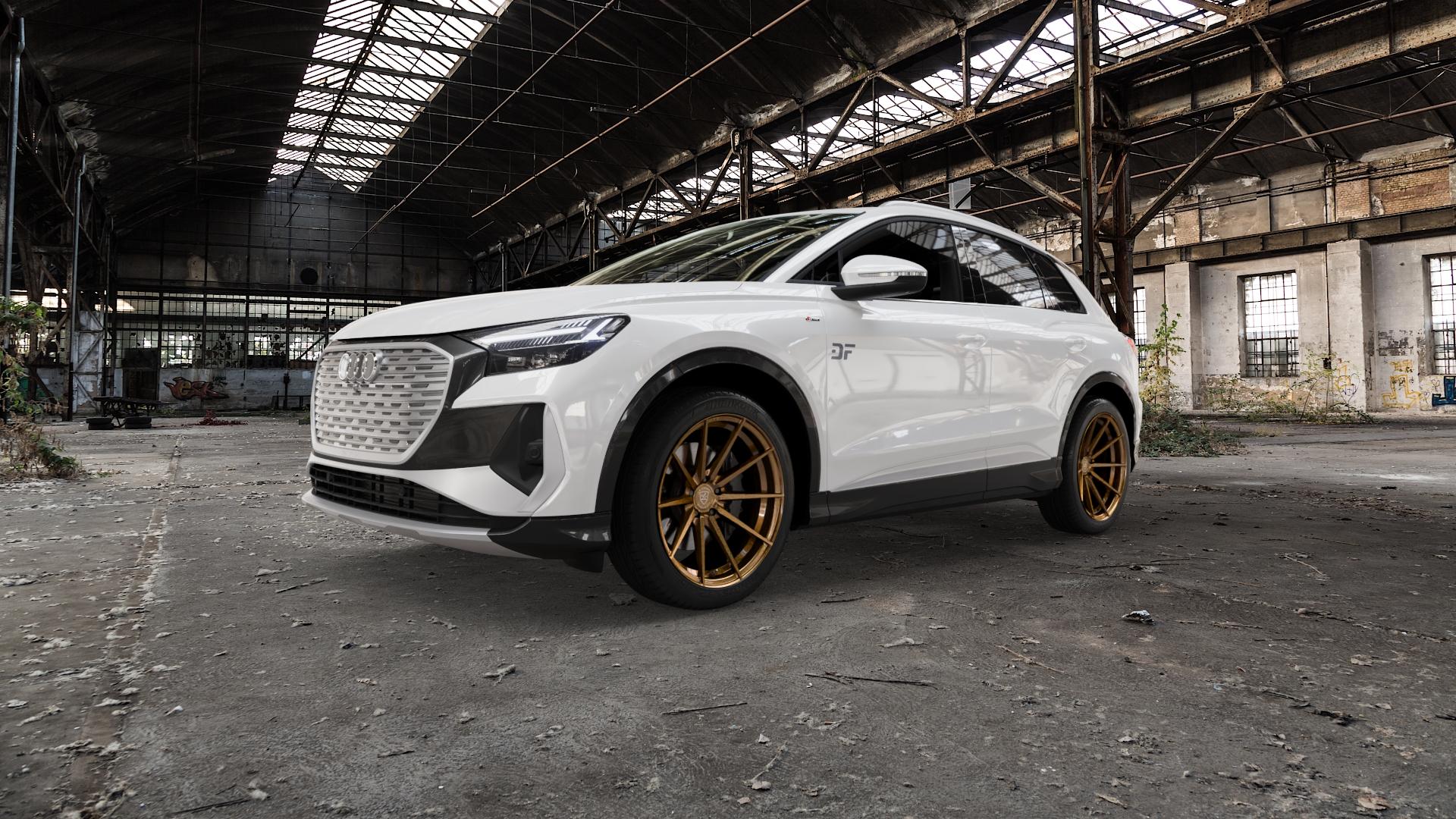 La Chanti Performance LC-P10 Glossy Brushed Bronze Felge mit Reifen in 20Zoll Alufelge auf weissem Audi Q4 Typ FZ ⬇️ mit 15mm Tieferlegung ⬇️ Old Industrial Hall_max5000mm_2022 Frontansicht_1