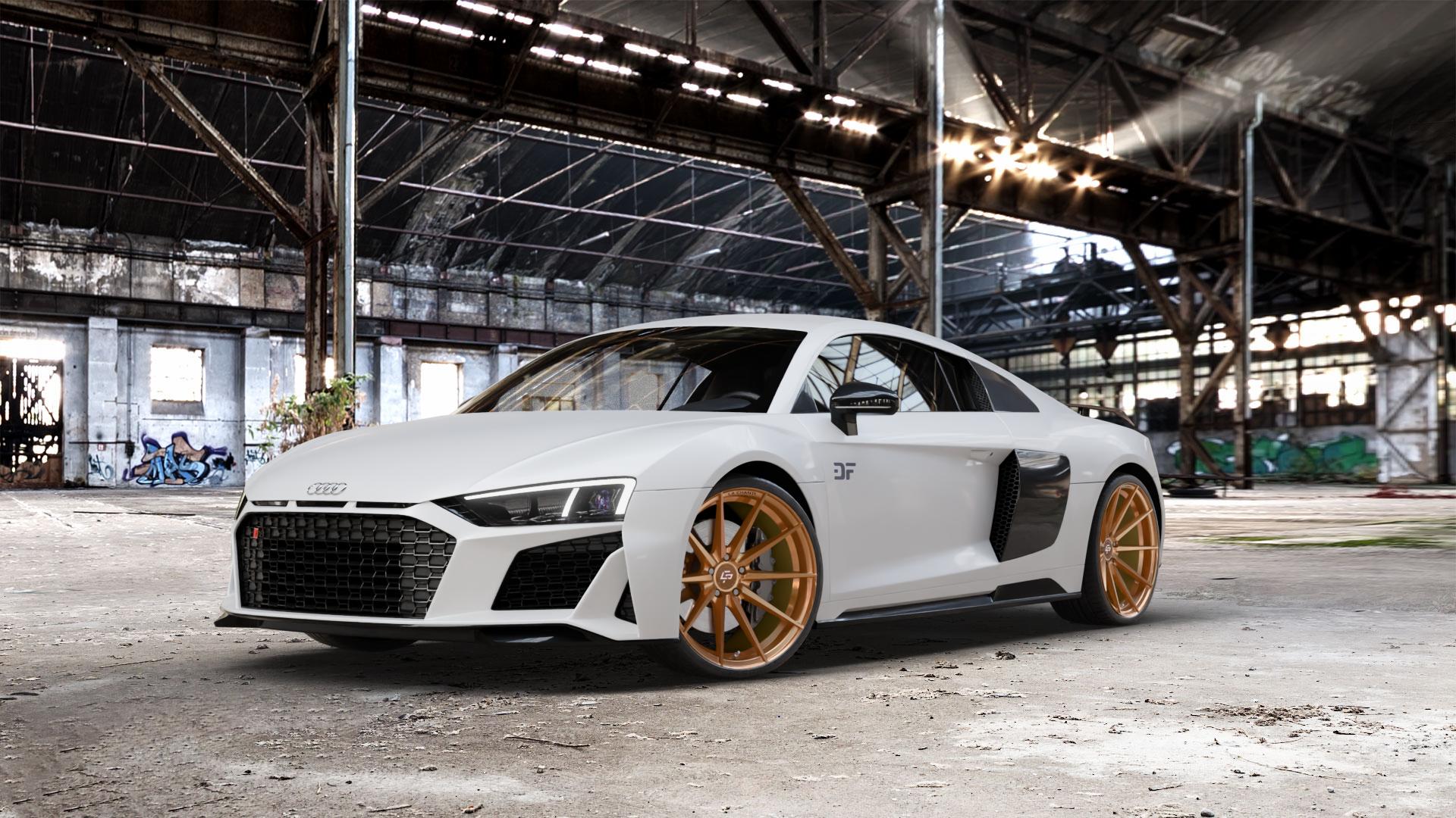 La Chanti Performance LC-P10 Glossy Brushed Bronze Felge mit Reifen in 20Zoll Alufelge auf weissem Audi R8 Typ 4S Facelift 19-> ⬇️ mit 15mm Tieferlegung ⬇️ Old Industrial Hall_max_5300mm_2024 Frontansicht_1