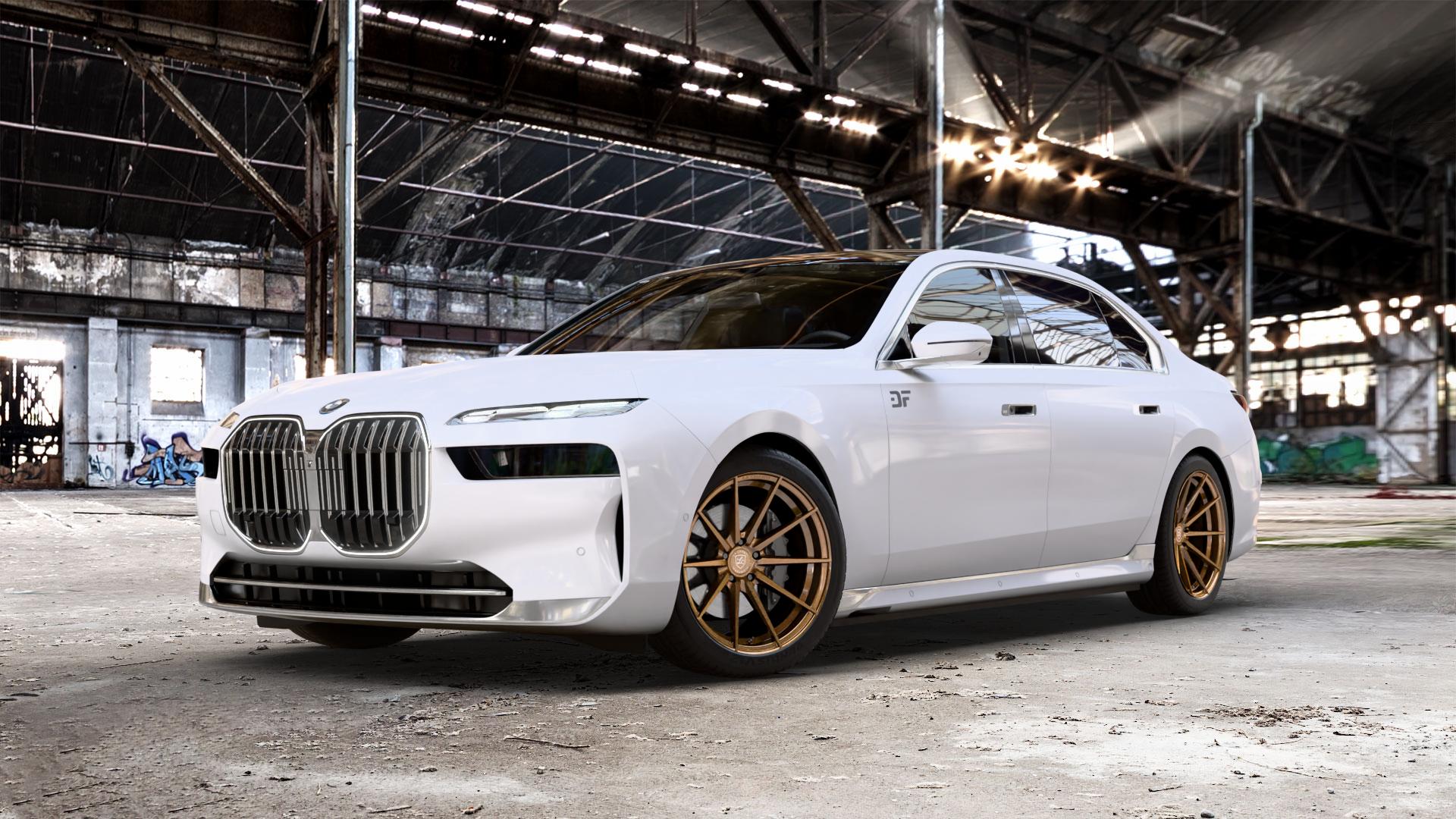 La Chanti Performance LC-P10 Glossy Brushed Bronze Felge mit Reifen in 20Zoll Alufelge auf weissem BMW 7er G70 Limousine (G7L) ⬇️ mit 15mm Tieferlegung ⬇️ Old Industrial Hall_max_5300mm_2024 Frontansicht_1