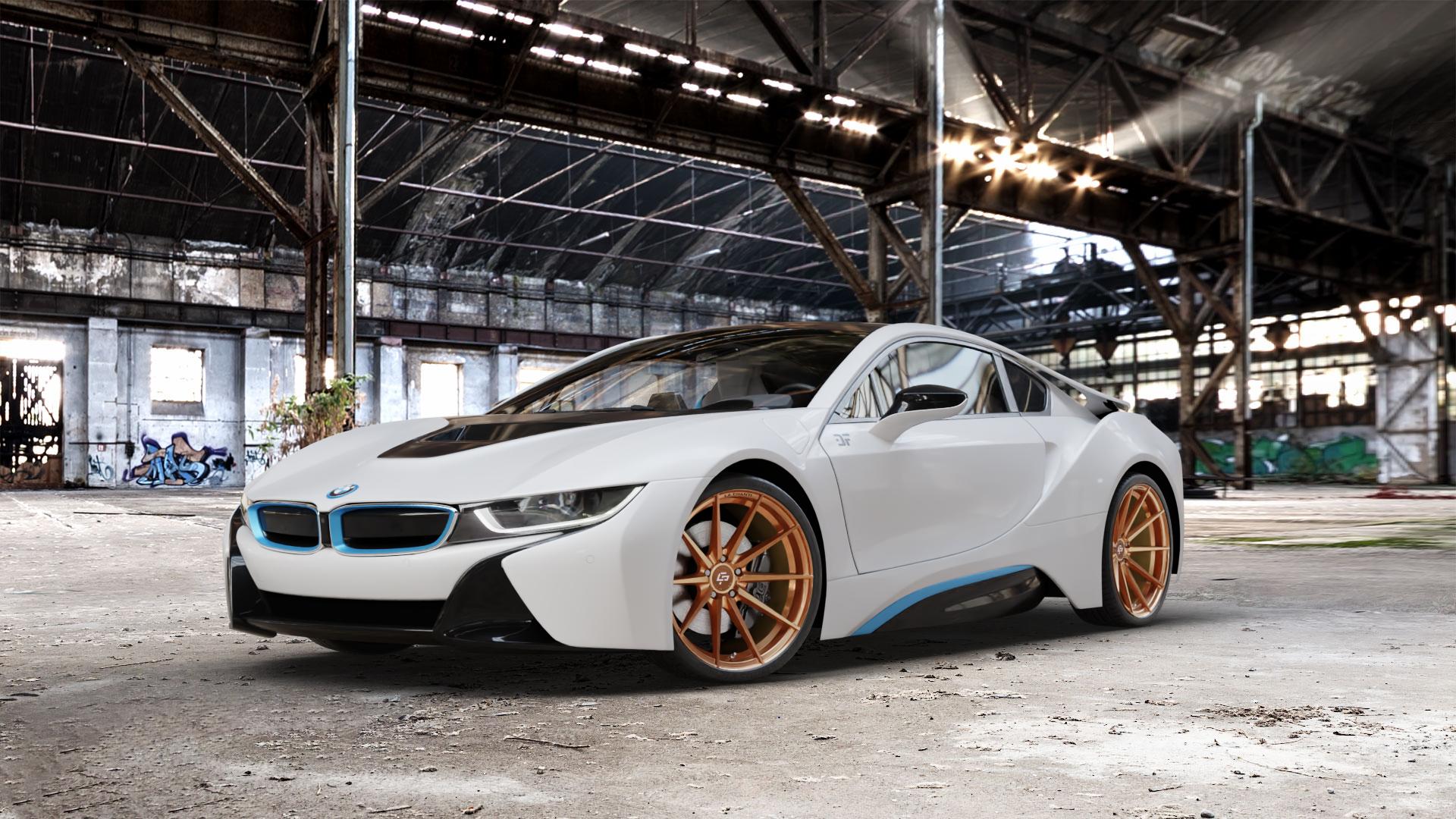 La Chanti Performance LC-P10 Glossy Brushed Bronze Felge mit Reifen in 20Zoll Alufelge auf weissem BMW i8 Coupe (BMWi-2) ⬇️ mit 15mm Tieferlegung ⬇️ Old Industrial Hall_max_5300mm_2024 Frontansicht_1