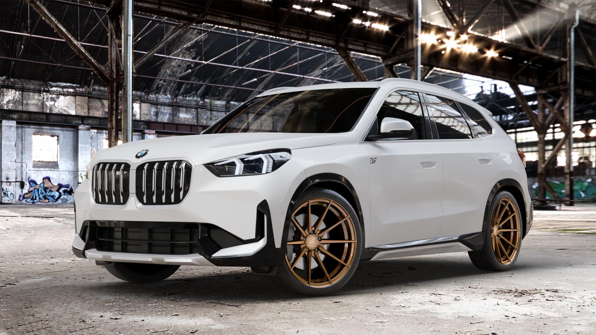 La Chanti Performance LC-P10 Glossy Brushed Bronze Felge mit Reifen in 20Zoll Alufelge auf weissem BMW X1 Typ U11 (U1X) ⬇️ mit 15mm Tieferlegung ⬇️ Old Industrial Hall_max_4400mm_2024 Frontansicht_1