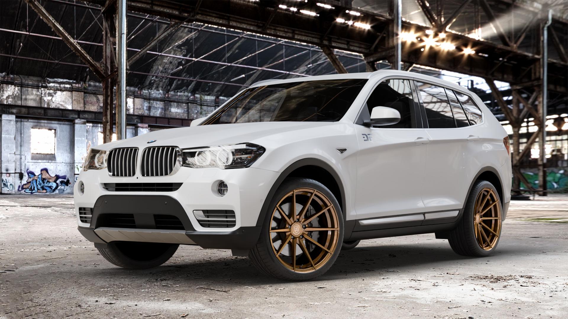 La Chanti Performance LC-P10 Glossy Brushed Bronze Felge mit Reifen in 20Zoll Alufelge auf weissem BMW X3 Typ F25 (X3, X-N1) Facelift ⬇️ mit 15mm Tieferlegung ⬇️ Old Industrial Hall_max_4400mm_2024 Frontansicht_1