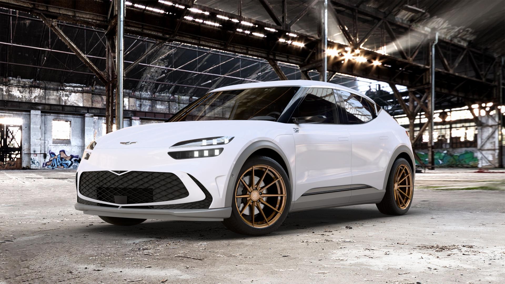 La Chanti Performance LC-P10 Glossy Brushed Bronze Felge mit Reifen in 20Zoll Alufelge auf weissem Genesis GV60 Typ JW 0,0l 78kW AWD (106 PS) Performance 120kW (163 56kW (76 ⬇️ mit 15mm Tieferlegung ⬇️ Old Industrial Hall_max_5300mm_2024 Frontansicht_1