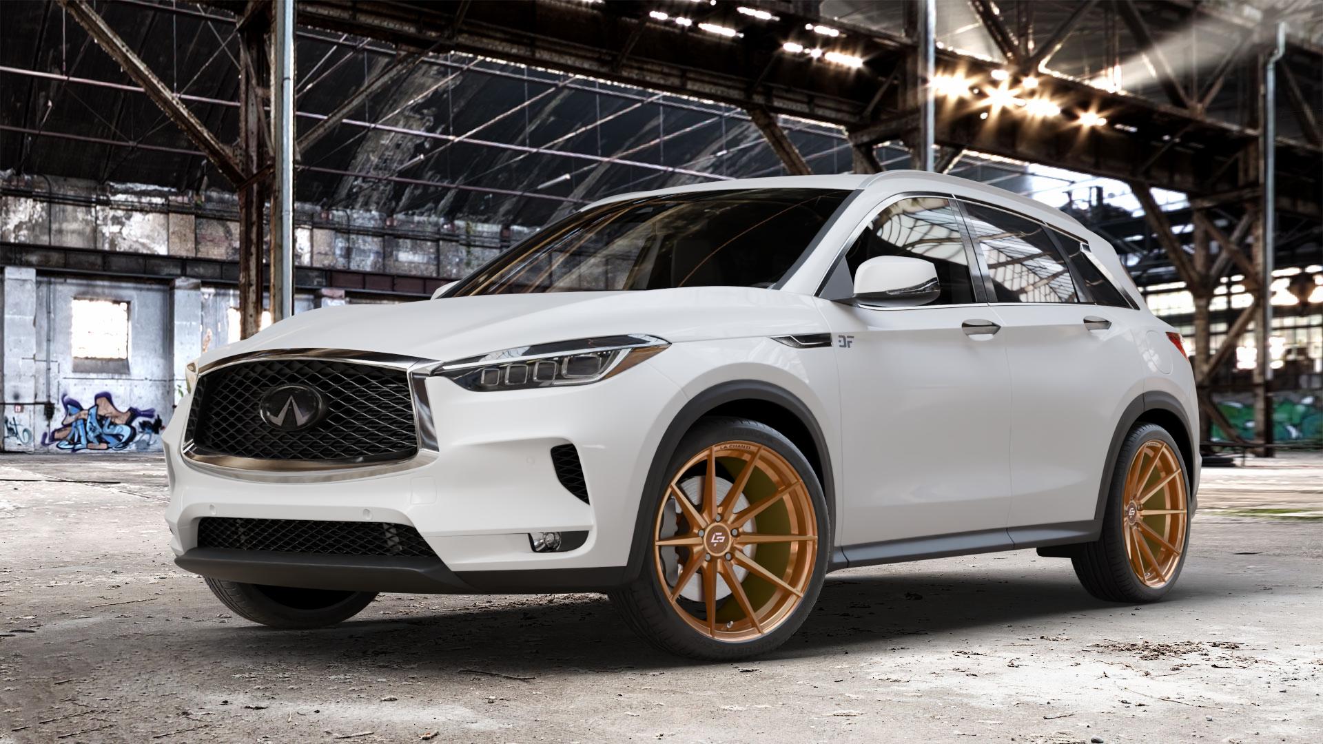 La Chanti Performance LC-P10 Glossy Brushed Bronze Felge mit Reifen in 20Zoll Alufelge auf weissem Infiniti QX50 Q ⬇️ mit 15mm Tieferlegung ⬇️ Old Industrial Hall_max_4400mm_2024 Frontansicht_1