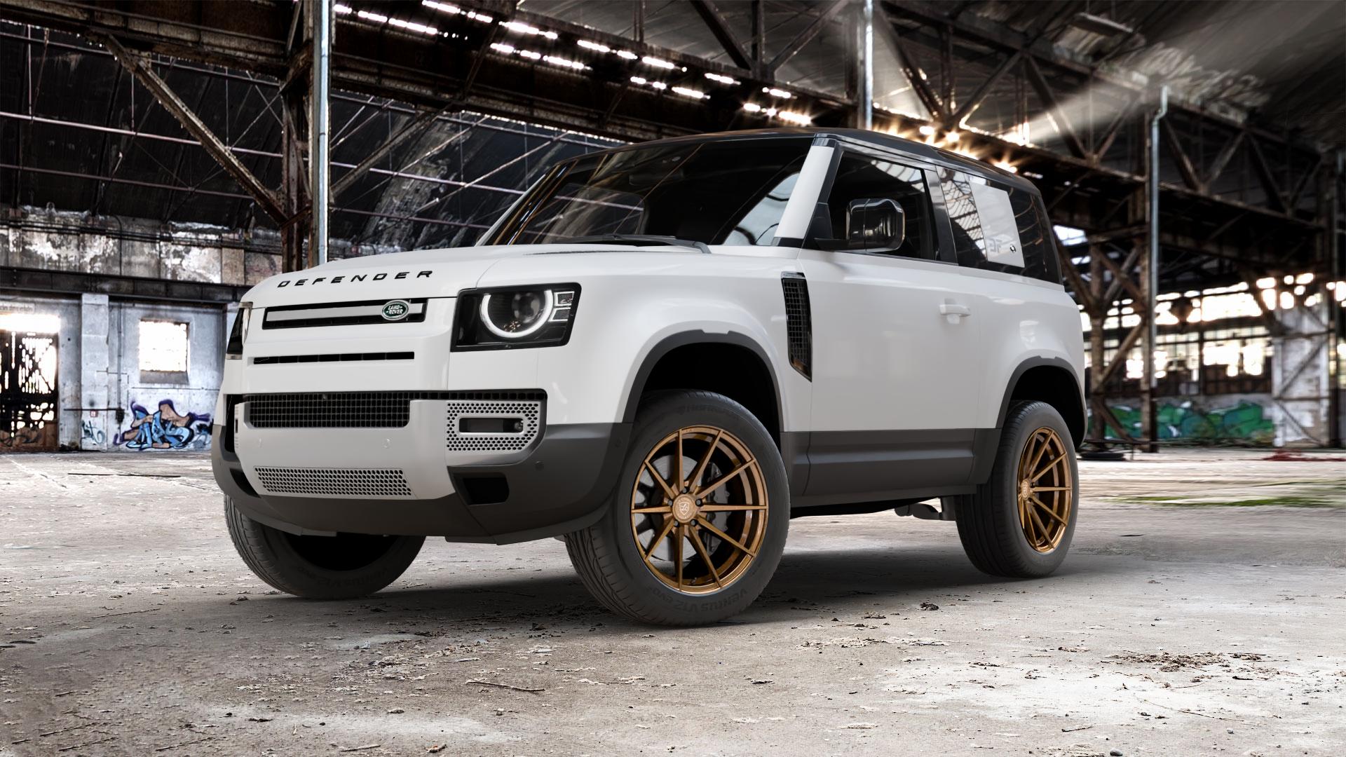 La Chanti Performance LC-P10 Glossy Brushed Bronze Felge mit Reifen in 20Zoll Alufelge auf weissem Land Rover Defender 90 Typ LE ⬇️ mit 15mm Tieferlegung ⬇️ Old Industrial Hall_max_5300mm_2024 Frontansicht_1