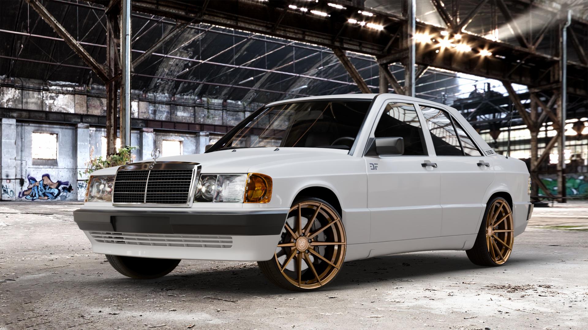 La Chanti Performance LC-P10 Glossy Brushed Bronze Felge mit Reifen in 20Zoll Alufelge auf weissem Mercedes 190 Typ W201 190er ⬇️ mit 15mm Tieferlegung ⬇️ Old Industrial Hall_max_4400mm_2024 Frontansicht_1