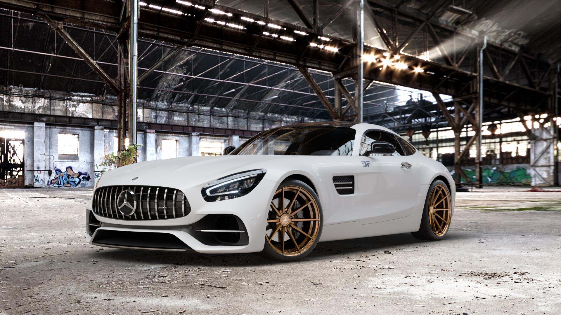 La Chanti Performance LC-P10 Glossy Brushed Bronze Felge mit Reifen in 20Zoll Alufelge auf weissem Mercedes AMG GT Typ 197 ⬇️ mit 15mm Tieferlegung ⬇️ Old Industrial Hall_max_5300mm_2024 Frontansicht_1