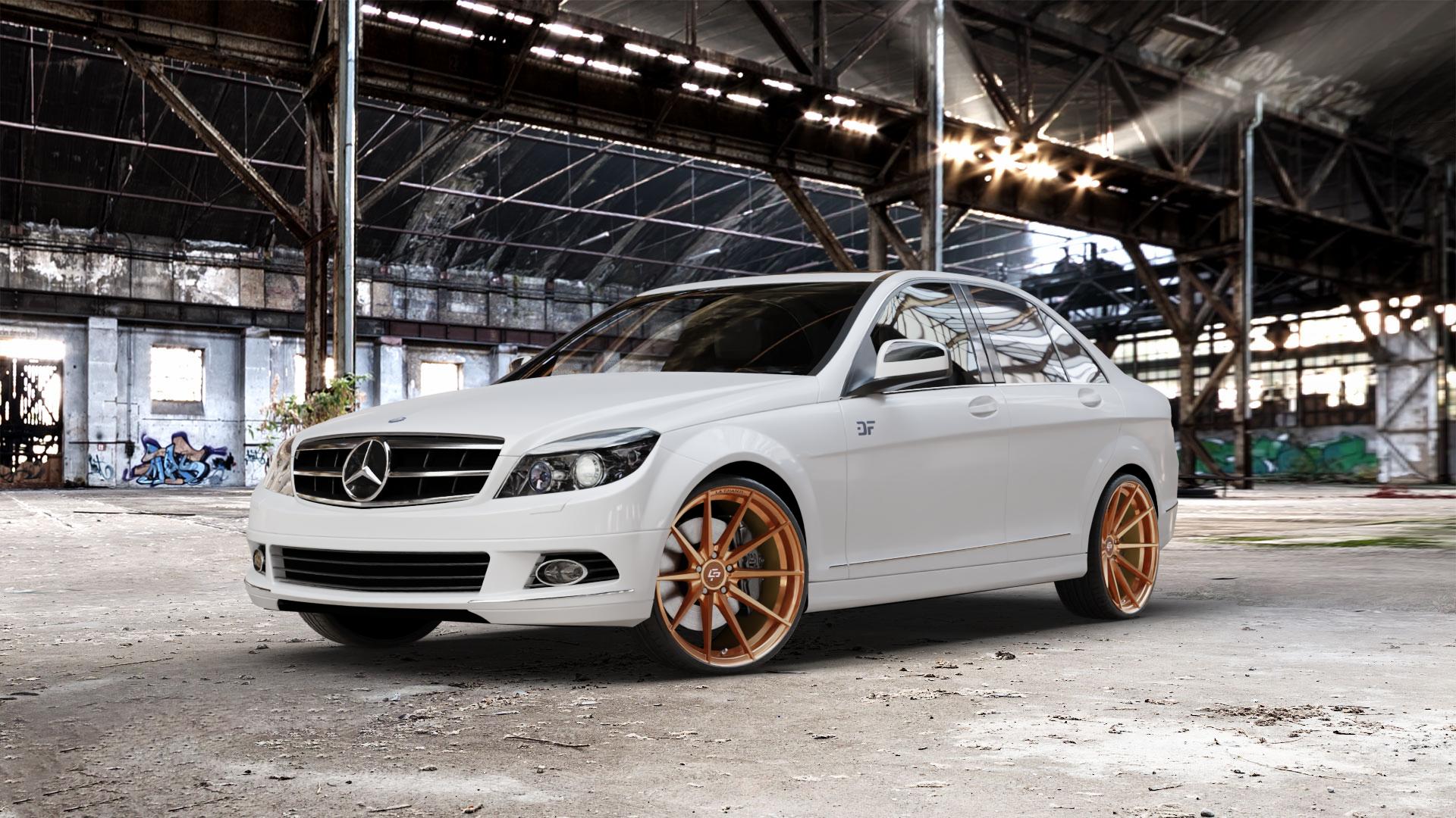 La Chanti Performance LC-P10 Glossy Brushed Bronze Felge mit Reifen in 20Zoll Alufelge auf weissem Mercedes C-Klasse Typ W204 Limousine ⬇️ mit 15mm Tieferlegung ⬇️ Old Industrial Hall_max_5300mm_2024 Frontansicht_1
