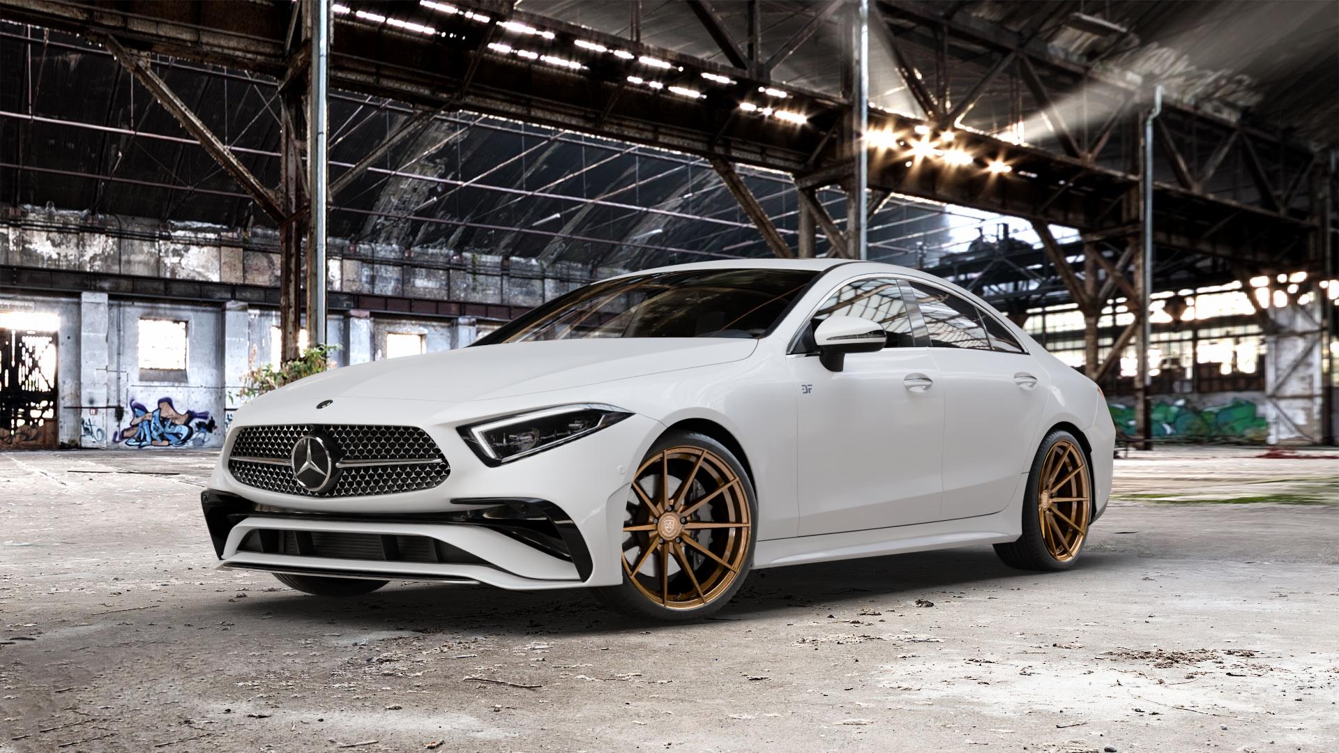 La Chanti Performance LC-P10 Glossy Brushed Bronze Felge mit Reifen in 20Zoll Alufelge auf weissem Mercedes CLS Typ C257 Facelift ⬇️ mit 15mm Tieferlegung ⬇️ Old Industrial Hall_max_5300mm_2024 Frontansicht_1