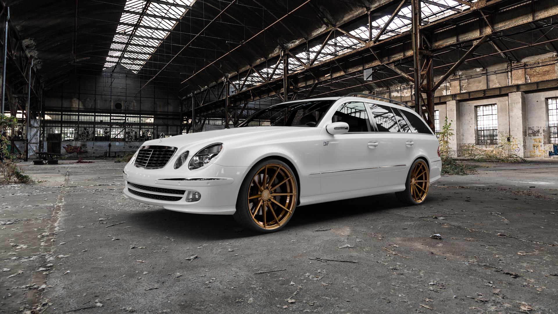 La Chanti Performance LC-P10 Glossy Brushed Bronze Felge mit Reifen in 20Zoll Alufelge auf weissem Mercedes E-Klasse Typ S211 Kombi ⬇️ mit 15mm Tieferlegung ⬇️ Old Industrial Hall_max5000mm_2022 Frontansicht_1