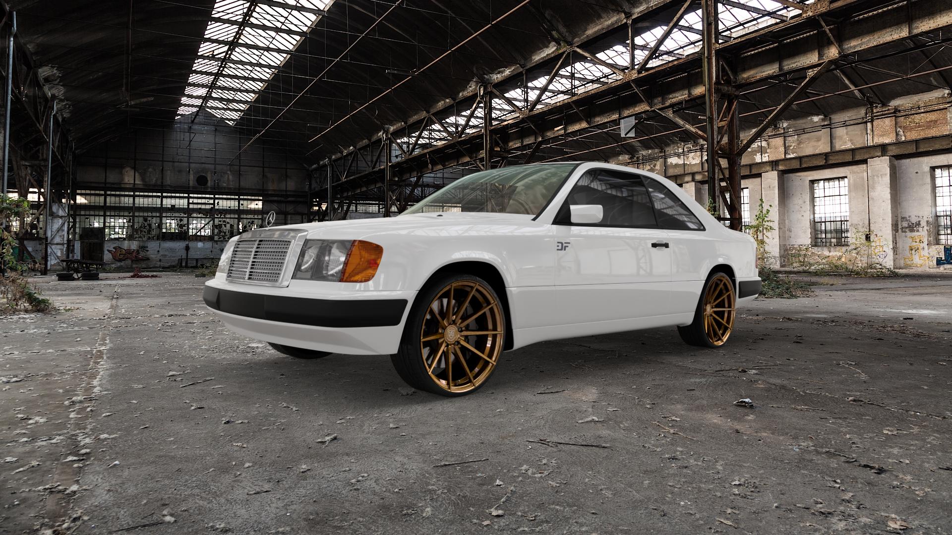 La Chanti Performance LC-P10 Glossy Brushed Bronze Felge mit Reifen in 20Zoll Alufelge auf weissem Mercedes E-Klasse Typ W124 Coupe ⬇️ mit 15mm Tieferlegung ⬇️ Old Industrial Hall_max5000mm_2022 Frontansicht_1