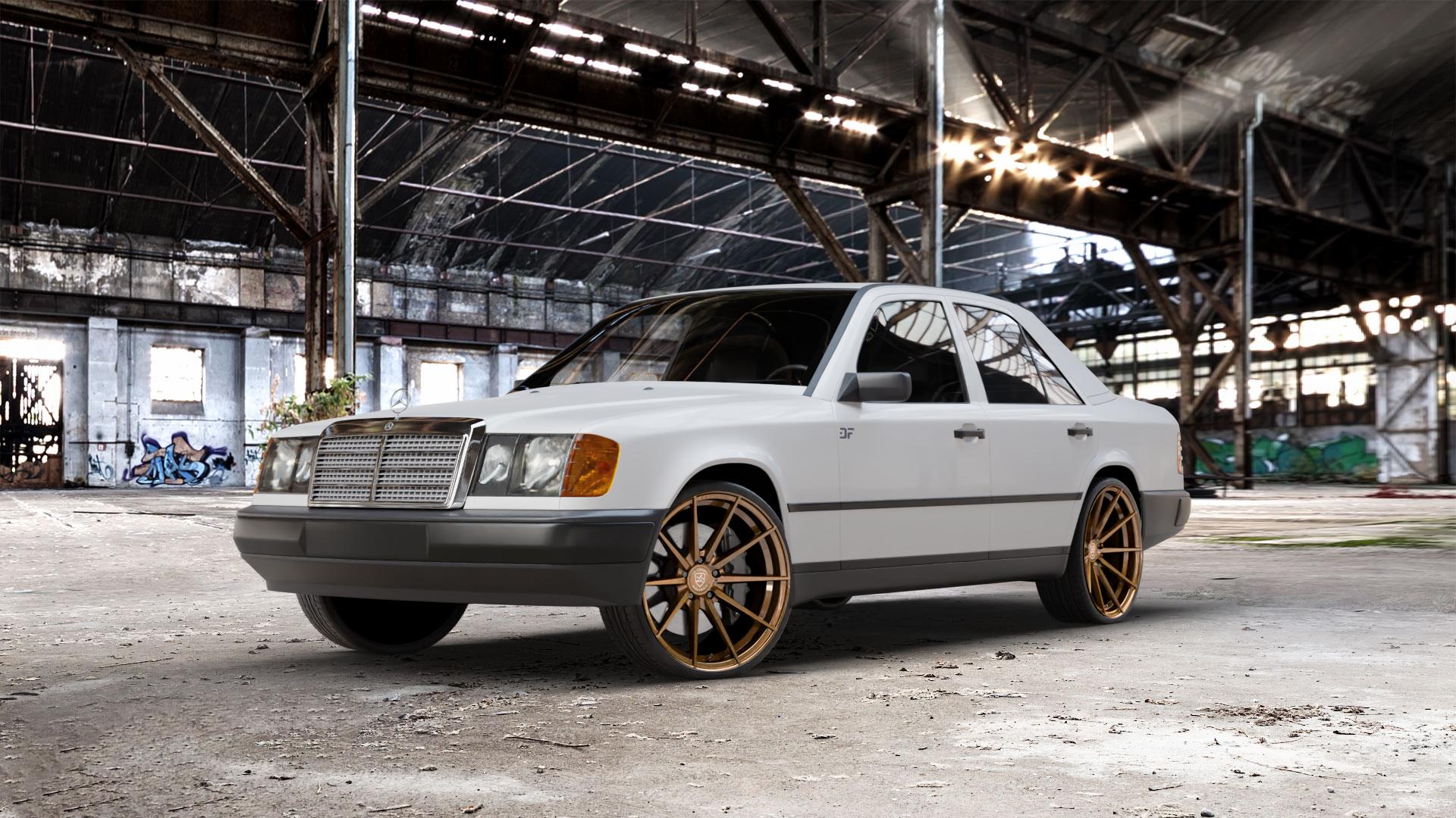 La Chanti Performance LC-P10 Glossy Brushed Bronze Felge mit Reifen in 20Zoll Alufelge auf weissem Mercedes E-Klasse Typ W124 Limousine ⬇️ mit 15mm Tieferlegung ⬇️ Old Industrial Hall_max_5300mm_2024 Frontansicht_1
