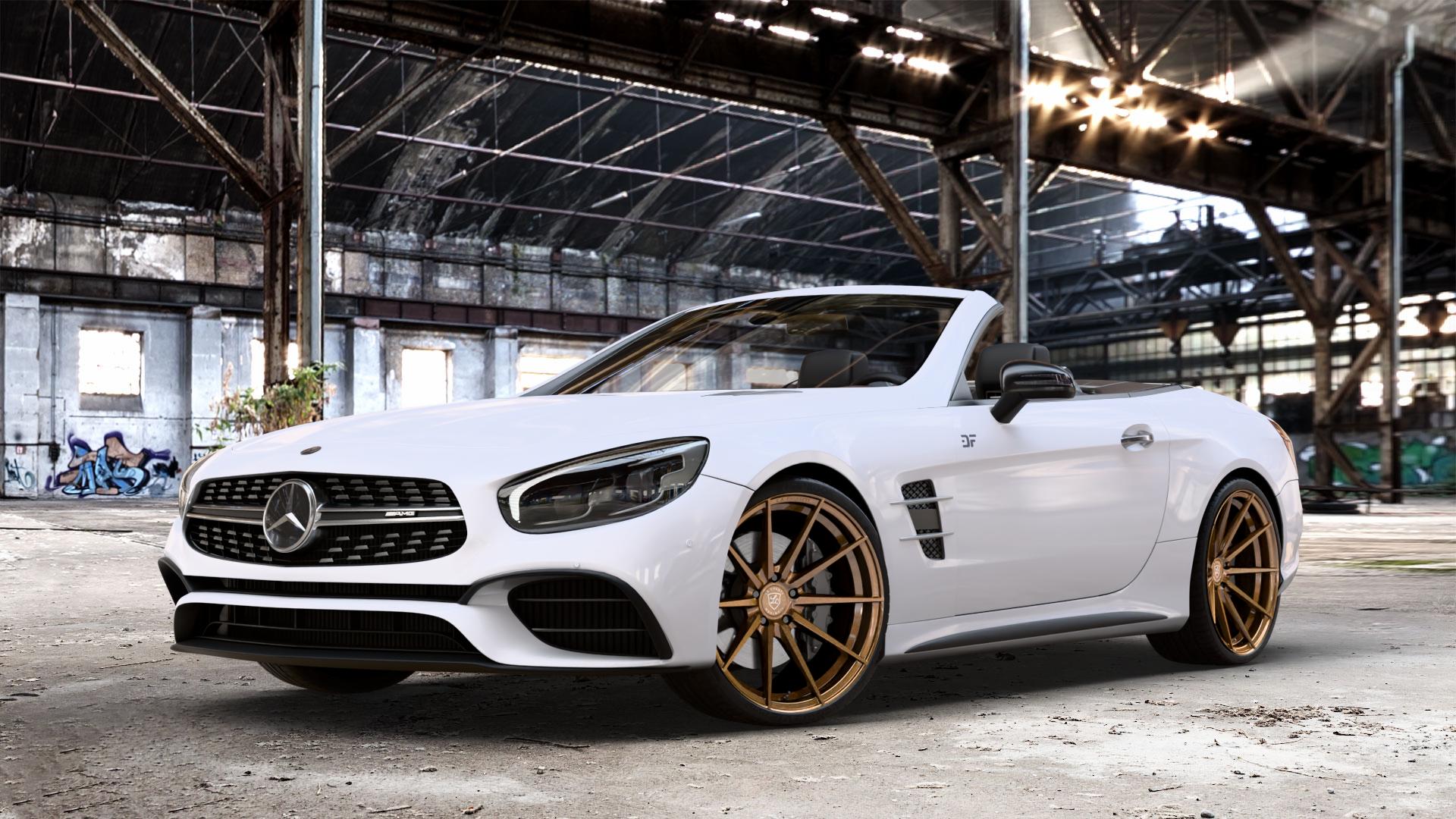 La Chanti Performance LC-P10 Glossy Brushed Bronze Felge mit Reifen in 20Zoll Alufelge auf weissem Mercedes SL Typ R231 Facelift 5,5l 63 AMG 430kW (585 PS) 6,0l 65 463kW (630 420kW (571 ⬇️ mit 15mm Tieferlegung ⬇️ Old Industrial Hall_max_4400mm_2024 Frontansicht_1