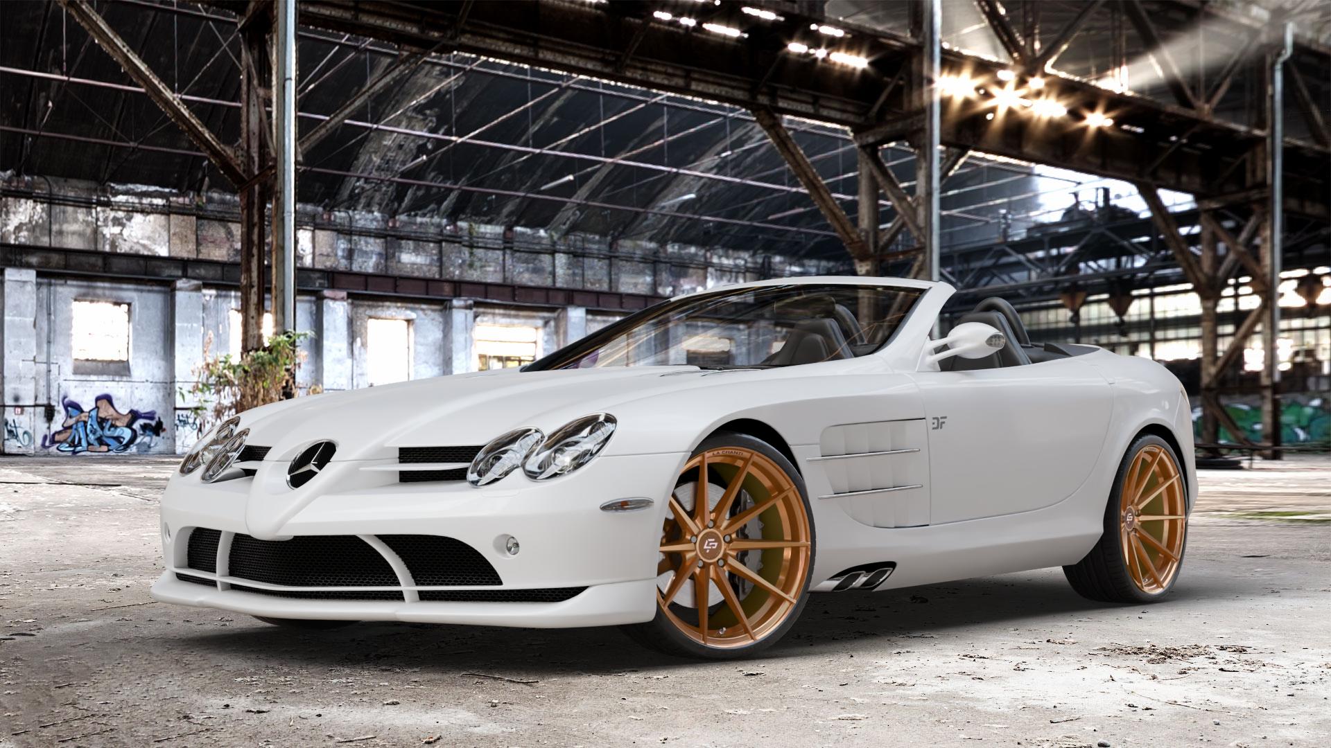 La Chanti Performance LC-P10 Glossy Brushed Bronze Felge mit Reifen in 20Zoll Alufelge auf weissem Mercedes SLR Typ R199 Roadster ⬇️ mit 15mm Tieferlegung ⬇️ Old Industrial Hall_max_4400mm_2024 Frontansicht_1