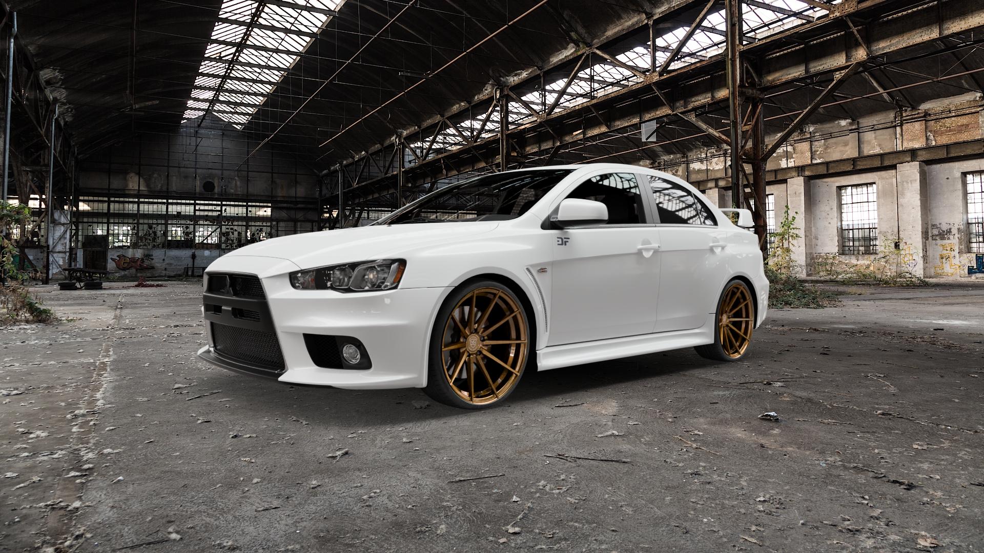 La Chanti Performance LC-P10 Glossy Brushed Bronze Felge mit Reifen in 20Zoll Alufelge auf weissem Mitsubishi Lancer Evolution X Typ CZ0 ⬇️ mit 15mm Tieferlegung ⬇️ Old Industrial Hall_max5000mm_2022 Frontansicht_1