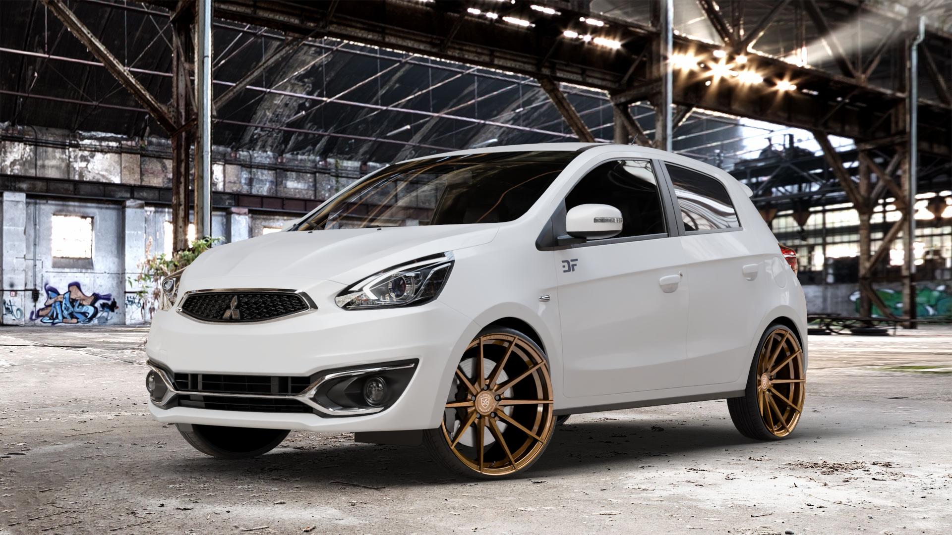 La Chanti Performance LC-P10 Glossy Brushed Bronze Felge mit Reifen in 20Zoll Alufelge auf weissem Mitsubishi Space Star II Typ A00 Facelift ⬇️ mit 15mm Tieferlegung ⬇️ Old Industrial Hall_max_4400mm_2024 Frontansicht_1