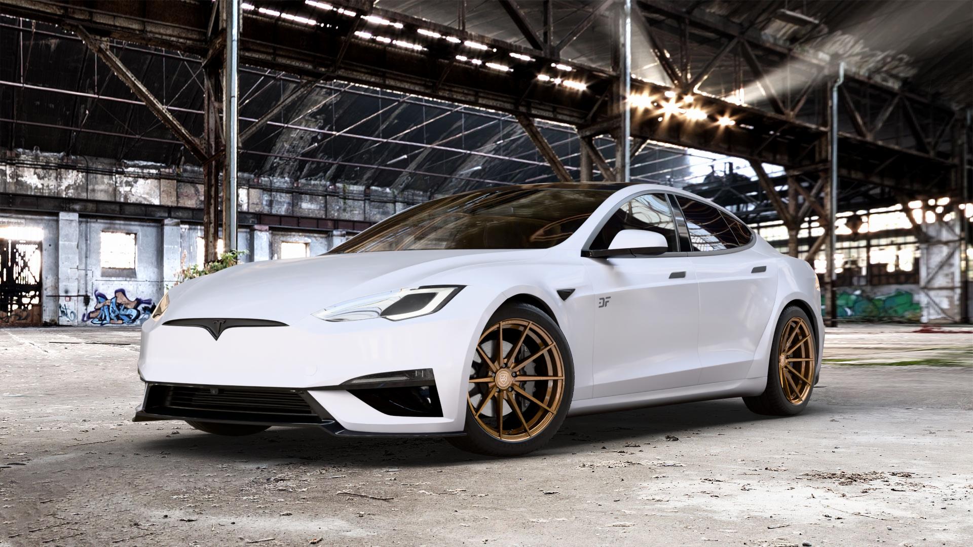 La Chanti Performance LC-P10 Glossy Brushed Bronze Felge mit Reifen in 20Zoll Alufelge auf weissem Tesla Model S Typ 006 0,0l 357kW Plaid AWD (485 PS) ⬇️ mit 15mm Tieferlegung ⬇️ Old Industrial Hall_max_5300mm_2024 Frontansicht_1