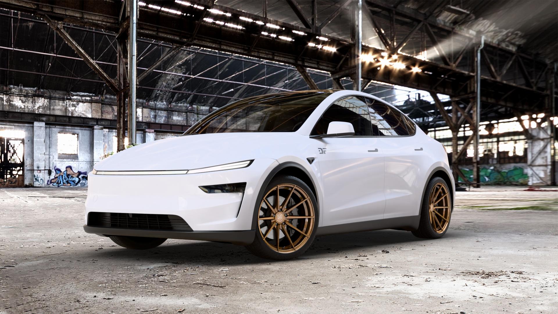 La Chanti Performance LC-P10 Glossy Brushed Bronze Felge mit Reifen in 20Zoll Alufelge auf weissem Tesla Model Y Typ 003 Juniper Facelift 003/005 ⬇️ mit 15mm Tieferlegung ⬇️ Old Industrial Hall_max_5300mm_2024 Frontansicht_1