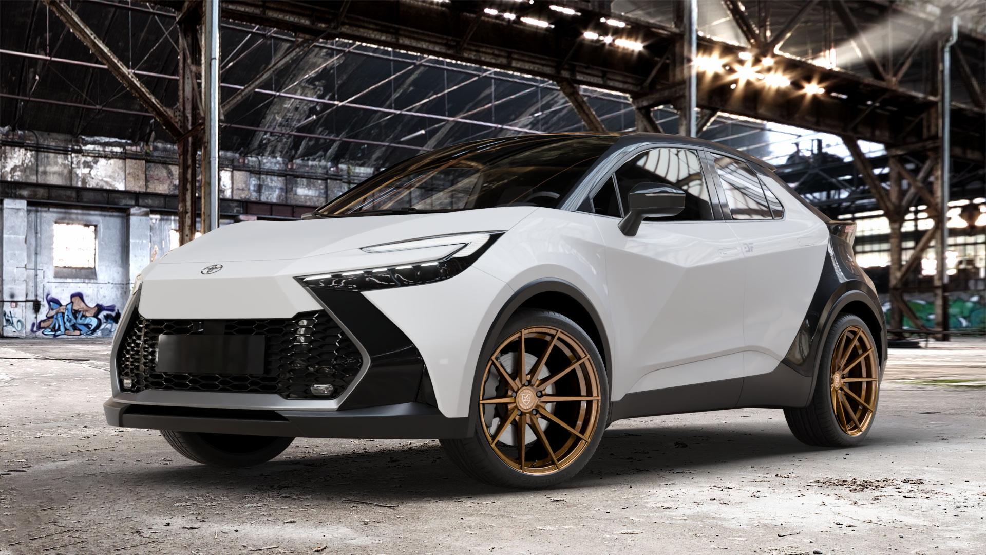 La Chanti Performance LC-P10 Glossy Brushed Bronze Felge mit Reifen in 20Zoll Alufelge auf weissem Toyota C-HR Typ AX2T(M) AX2T(M)-TGRE ⬇️ mit 15mm Tieferlegung ⬇️ Old Industrial Hall_max_4400mm_2024 Frontansicht_1