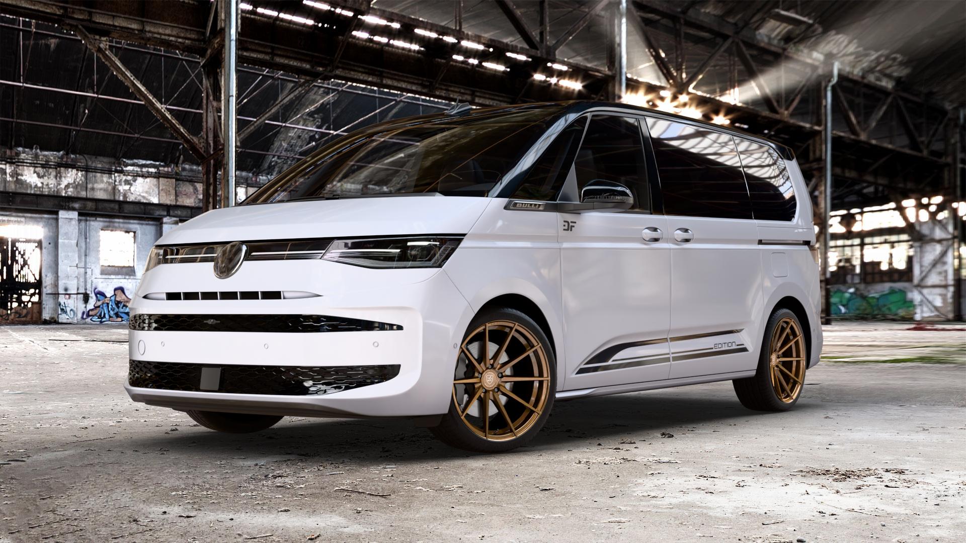 La Chanti Performance LC-P10 Glossy Brushed Bronze Felge mit Reifen in 20Zoll Alufelge auf weissem und schwarzem Volkswagen (VW) T7 Multivan Bus ⬇️ mit 15mm Tieferlegung ⬇️ Old Industrial Hall_max_5300mm_2024 Frontansicht_1