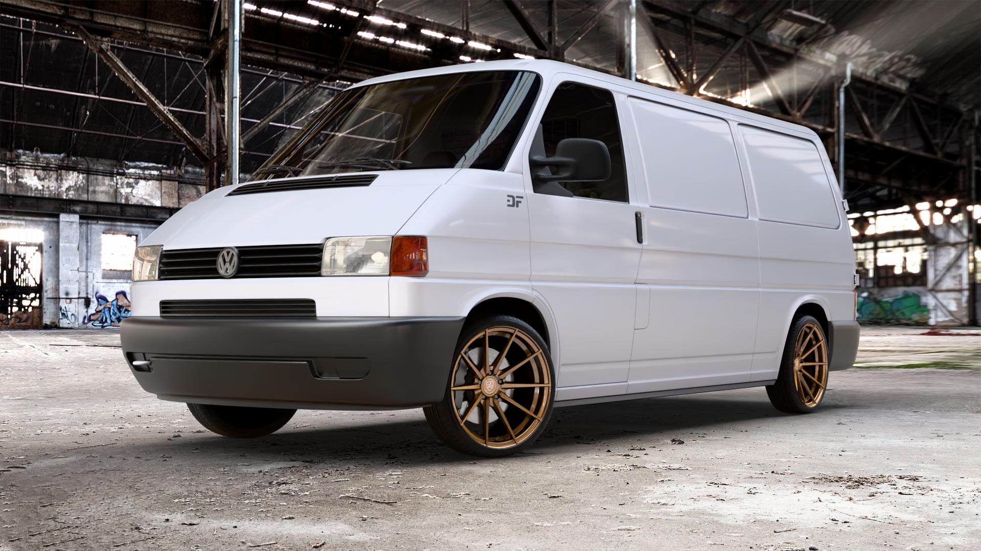 La Chanti Performance LC-P10 Glossy Brushed Bronze Felge mit Reifen in 20Zoll Alufelge auf weissem Volkswagen (VW) T4 Transporter ⬇️ mit 15mm Tieferlegung ⬇️ Old Industrial Hall_max_5300mm_2024 Frontansicht_1