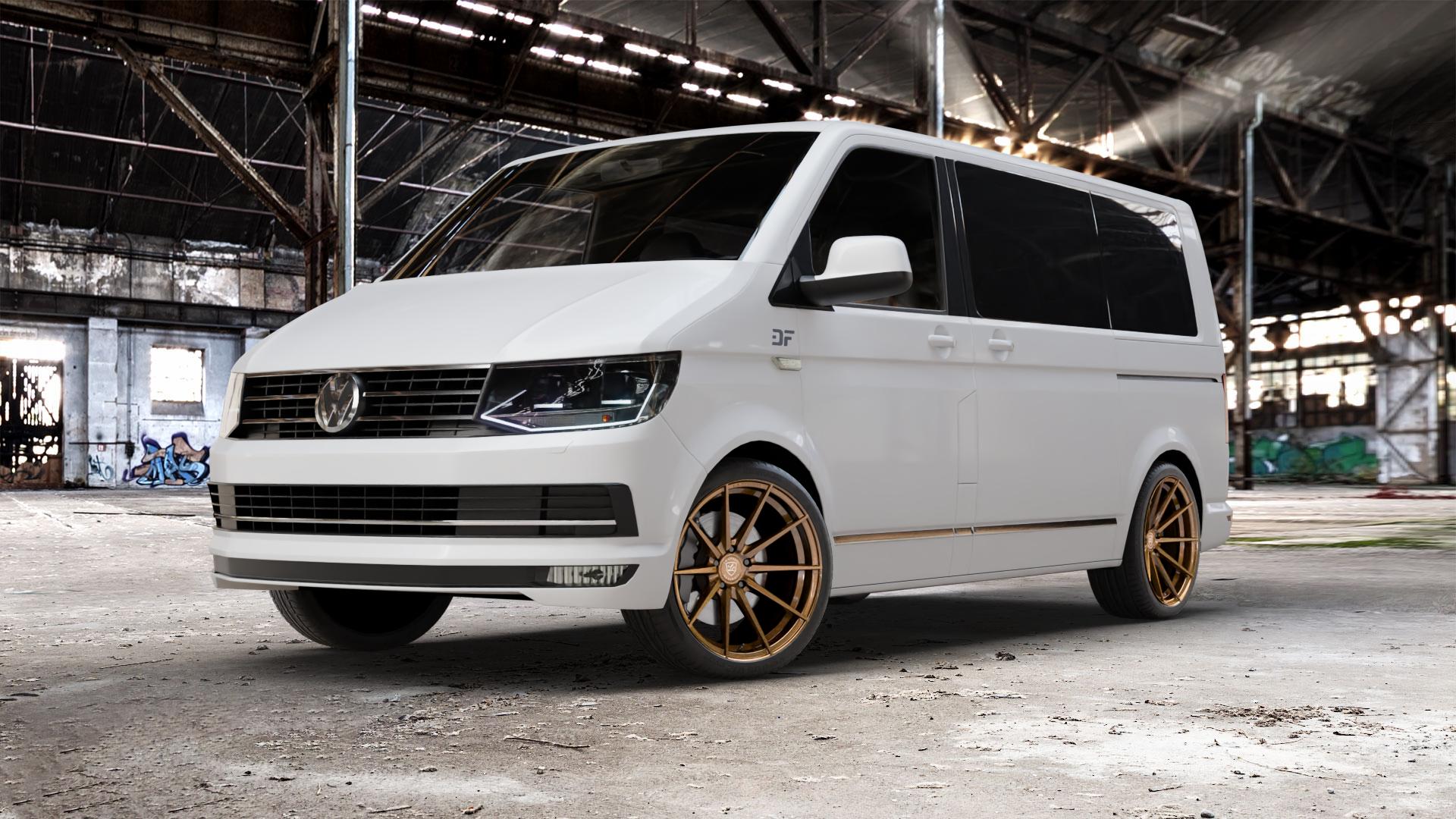 La Chanti Performance LC-P10 Glossy Brushed Bronze Felge mit Reifen in 20Zoll Alufelge auf weissem Volkswagen (VW) T6 Kombi Multivan Caravelle ⬇️ mit 15mm Tieferlegung ⬇️ Old Industrial Hall_max_5300mm_2024 Frontansicht_1