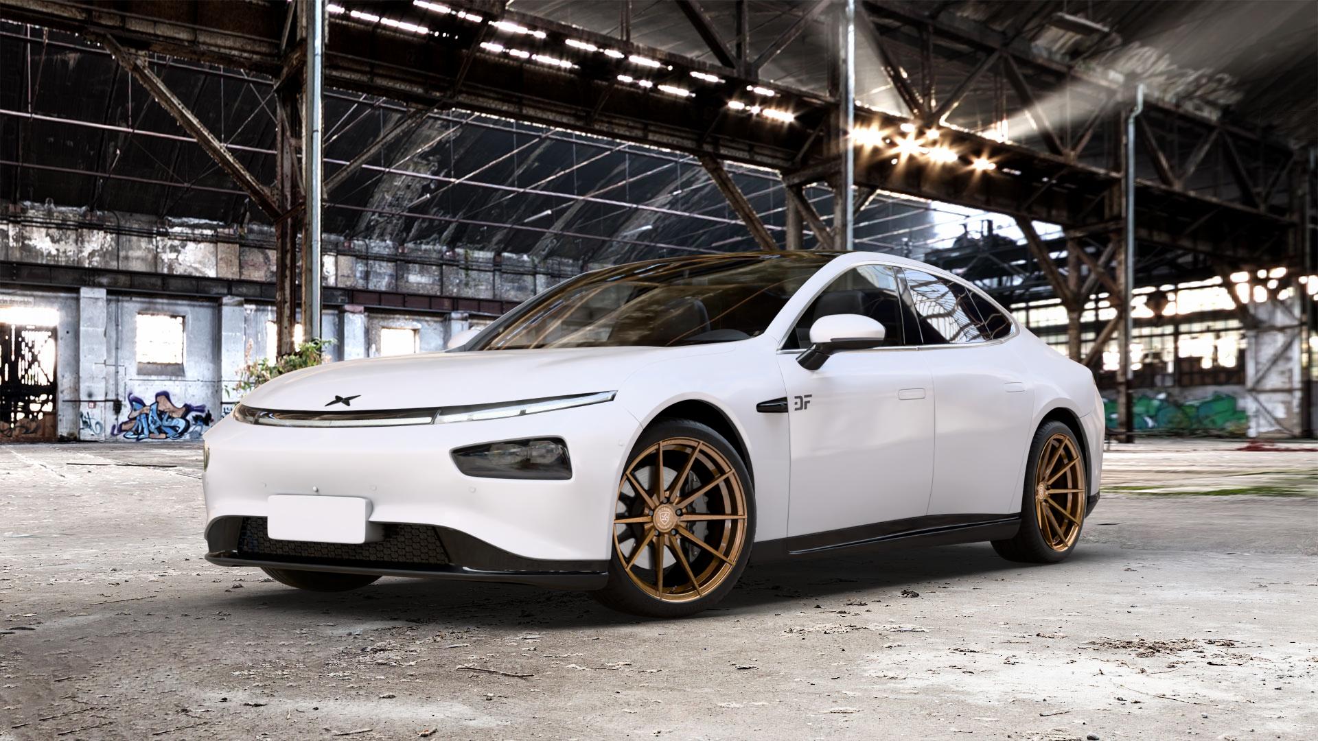 La Chanti Performance LC-P10 Glossy Brushed Bronze Felge mit Reifen in 20Zoll Alufelge auf weissem Xpeng P7 Typ P7B 0,0l 80kW (109 PS) 100kW AWD (136 124kW (169 ⬇️ mit 15mm Tieferlegung ⬇️ Old Industrial Hall_max_5300mm_2024 Frontansicht_1