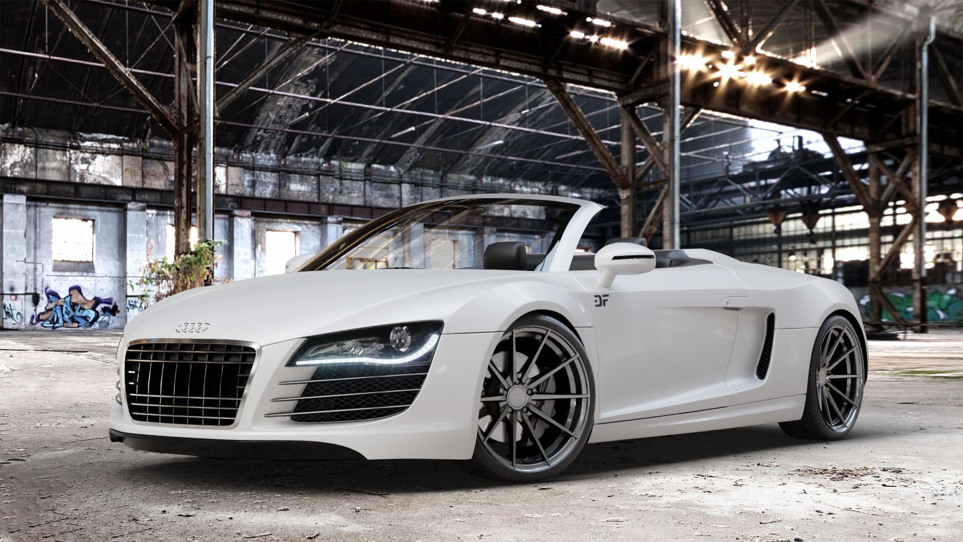 La Chanti Performance LC-P10 Glossy Graphite Felge mit Reifen grau silber in 20Zoll Winterfelge Alufelge auf weissem Audi R8 Spyder Typ 42 Facelift 12-> ⬇️ mit 15mm Tieferlegung ⬇️ Old Industrial Hall_max_4400mm_2024 Frontansicht_1