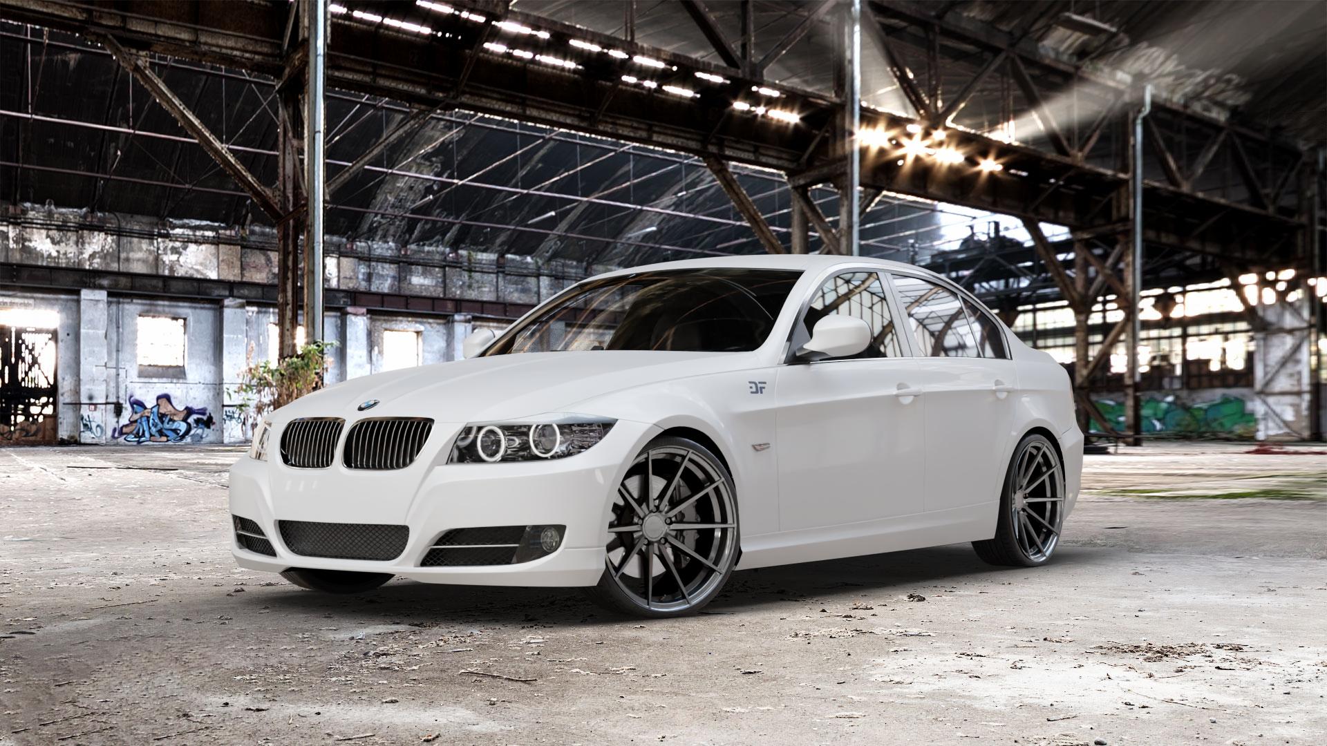 La Chanti Performance LC-P10 Glossy Graphite Felge mit Reifen grau silber in 20Zoll Winterfelge Alufelge auf weissem BMW 318i Typ E90 (Limousine) 320i 335i 335d 318d 320d 325i 330i 330d 316i 325xi 330xi 325d 330xd 320si M3 (M390) 320xd 316d 335xi 323i CRT 3er Limousine (390L, 3 ⬇️ mit 15mm Tieferlegung ⬇️ Old Industrial Hall_max_5300mm_2024 Frontansicht_1