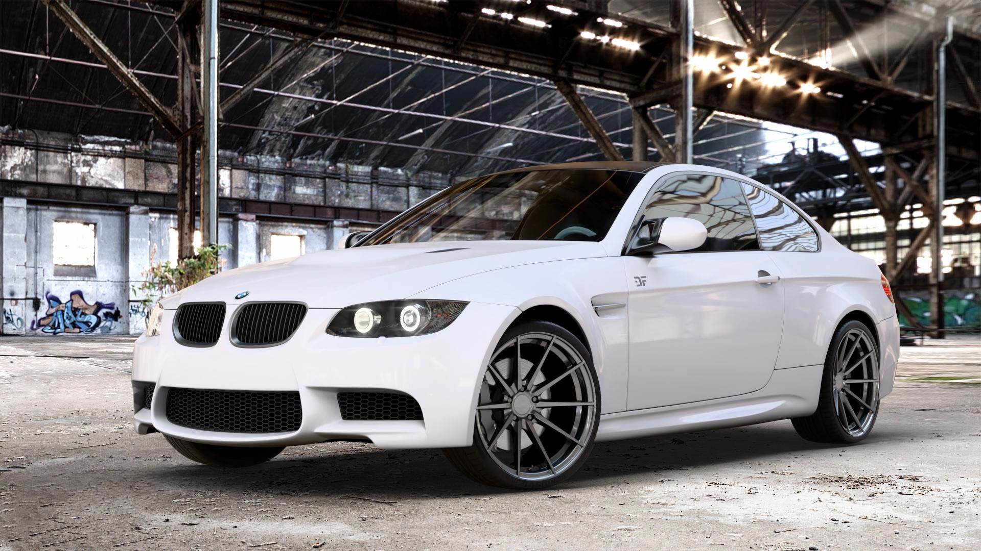 La Chanti Performance LC-P10 Glossy Graphite Felge mit Reifen grau silber in 20Zoll Winterfelge Alufelge auf weissem BMW M3 Typ E92 (Coupe) 4,0l V8 309kW (420 PS) ⬇️ mit 15mm Tieferlegung ⬇️ Old Industrial Hall_max_4400mm_2024 Frontansicht_1