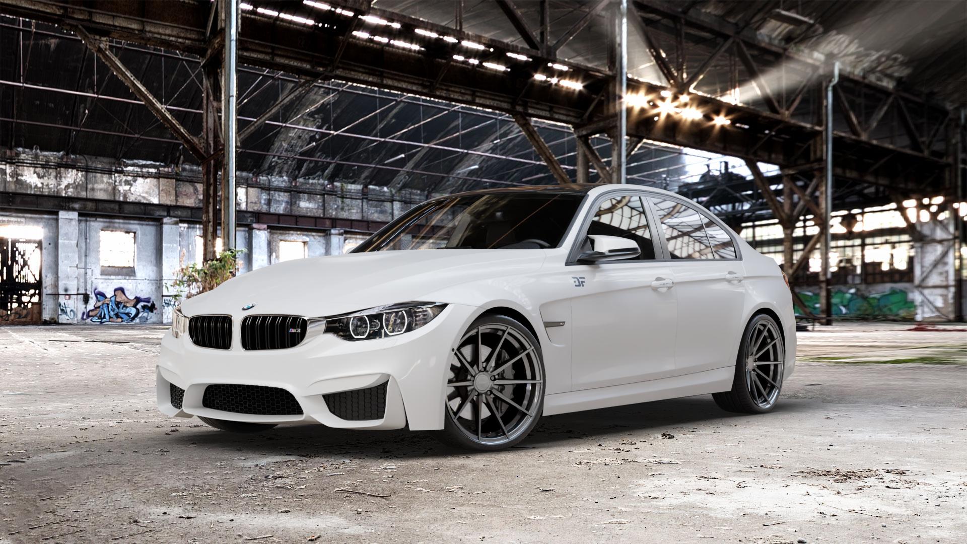 La Chanti Performance LC-P10 Glossy Graphite Felge mit Reifen grau silber in 20Zoll Winterfelge Alufelge auf weissem BMW M3 Typ F80 (Limousine) CS ⬇️ mit 15mm Tieferlegung ⬇️ Old Industrial Hall_max_5300mm_2024 Frontansicht_1