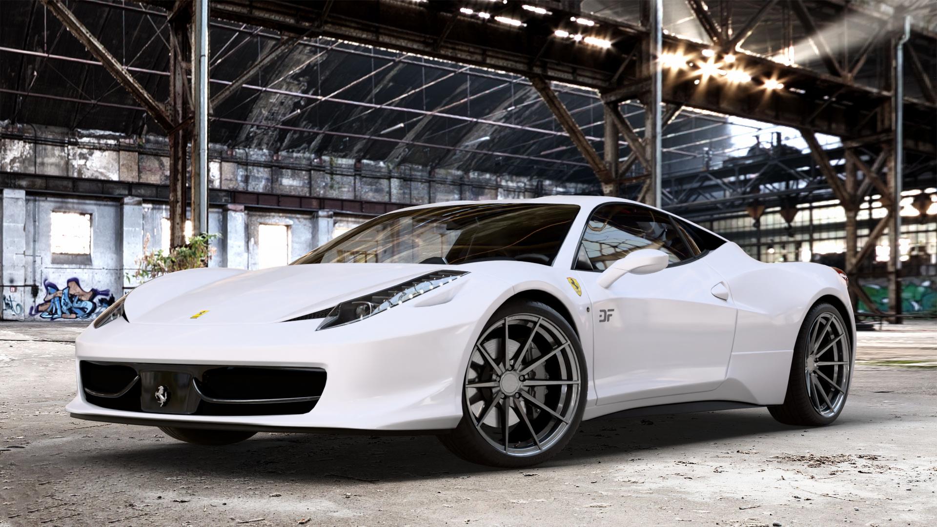 La Chanti Performance LC-P10 Glossy Graphite Felge mit Reifen grau silber in 20Zoll Winterfelge Alufelge auf weissem Ferrari 458 Italia ⬇️ mit 15mm Tieferlegung ⬇️ Old Industrial Hall_max_4400mm_2024 Frontansicht_1