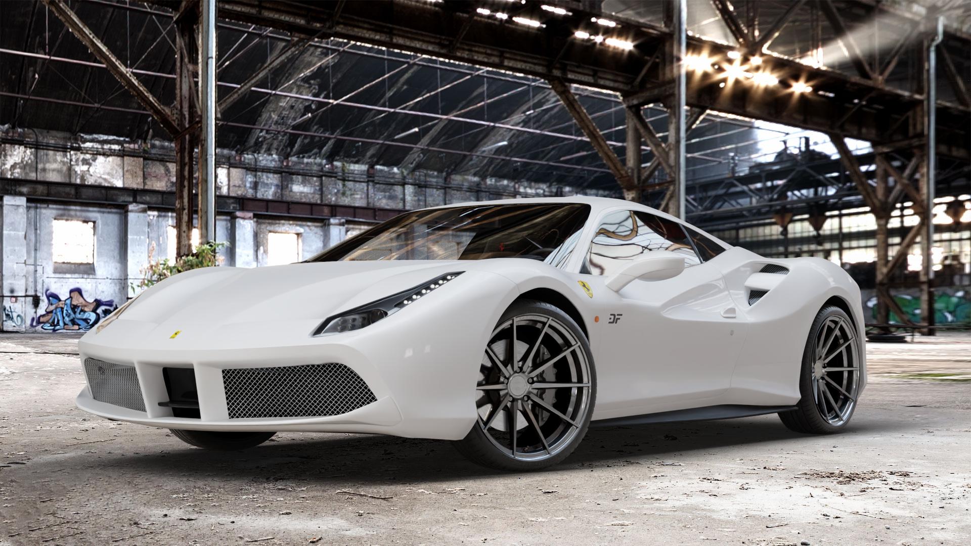 La Chanti Performance LC-P10 Glossy Graphite Felge mit Reifen grau silber in 20Zoll Winterfelge Alufelge auf weissem Ferrari 488 GTB ⬇️ mit 15mm Tieferlegung ⬇️ Old Industrial Hall_max_4400mm_2024 Frontansicht_1