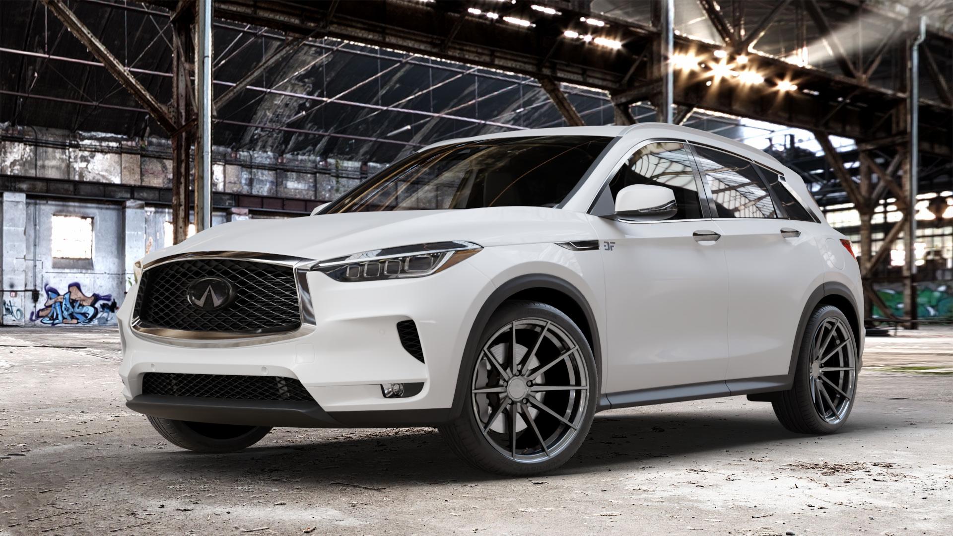 La Chanti Performance LC-P10 Glossy Graphite Felge mit Reifen grau silber in 20Zoll Winterfelge Alufelge auf weissem Infiniti QX50 Q ⬇️ mit 15mm Tieferlegung ⬇️ Old Industrial Hall_max_4400mm_2024 Frontansicht_1