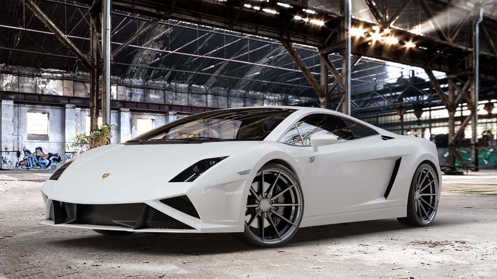 La Chanti Performance LC-P10 Glossy Graphite Felge mit Reifen grau silber in 20Zoll Winterfelge Alufelge auf weissem Lamborghini Gallardo ⬇️ mit 15mm Tieferlegung ⬇️ Old Industrial Hall_max_4400mm_2024 Frontansicht_1