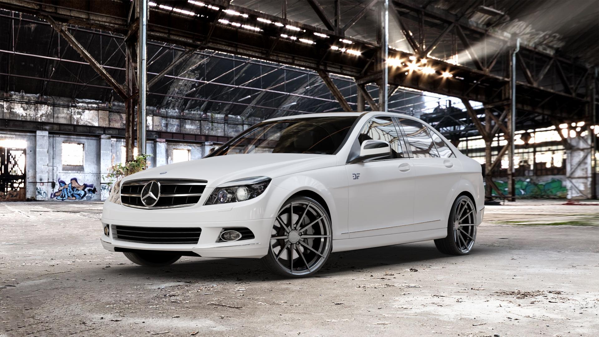 La Chanti Performance LC-P10 Glossy Graphite Felge mit Reifen grau silber in 20Zoll Winterfelge Alufelge auf weissem Mercedes C-Klasse Typ W204 Limousine ⬇️ mit 15mm Tieferlegung ⬇️ Old Industrial Hall_max_5300mm_2024 Frontansicht_1