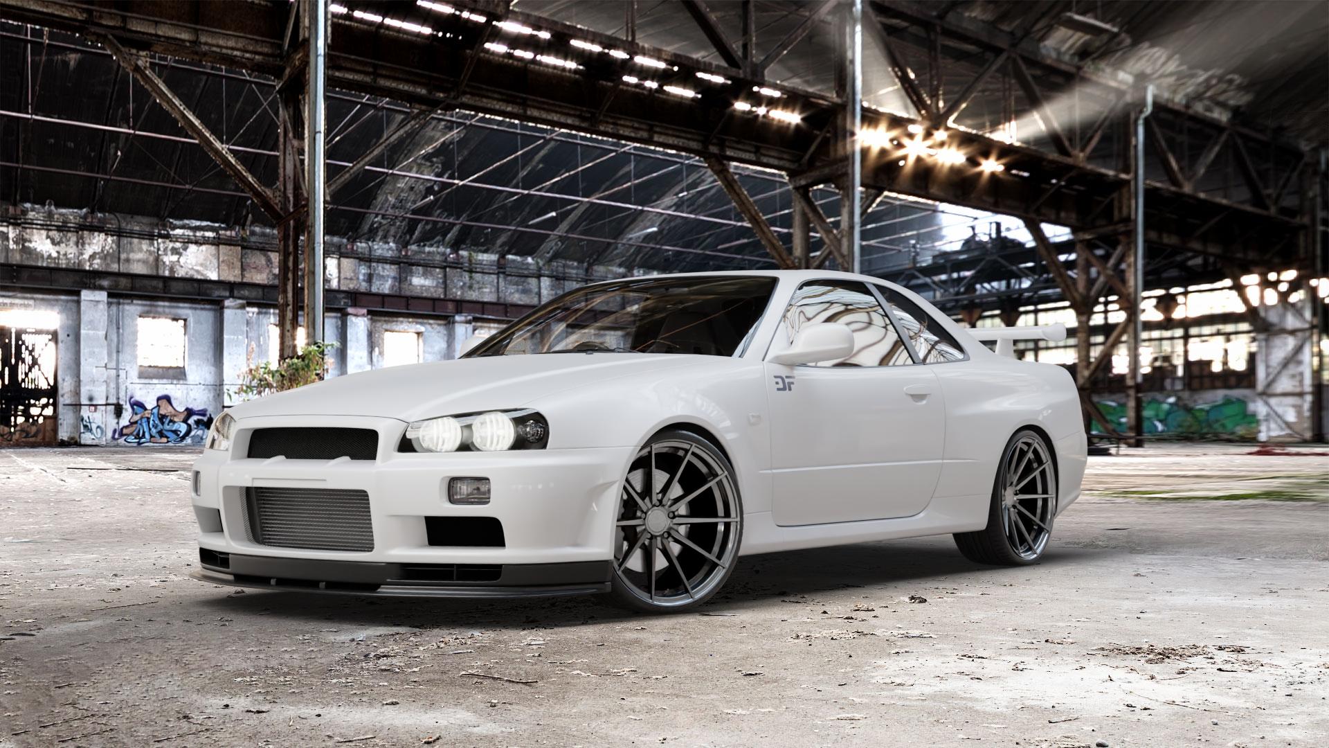 La Chanti Performance LC-P10 Glossy Graphite Felge mit Reifen grau silber in 20Zoll Winterfelge Alufelge auf weissem Nissan Skyline R34 ⬇️ mit 15mm Tieferlegung ⬇️ Old Industrial Hall_max_5300mm_2024 Frontansicht_1
