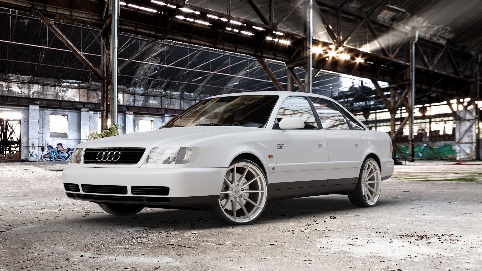La Chanti Performance LC-P10 Machined Silver Felge mit Reifen silber in 20Zoll Alufelge auf weissem Audi 100 Typ C4 (Limousine) A6 4A/C4 ⬇️ mit 15mm Tieferlegung ⬇️ Old Industrial Hall_max_5300mm_2024 Frontansicht_1
