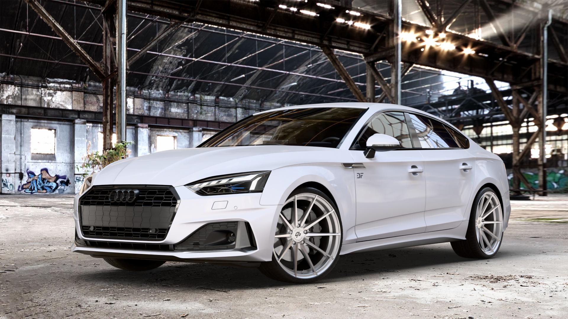 La Chanti Performance LC-P10 Machined Silver Felge mit Reifen silber in 20Zoll Alufelge auf weissem Audi A5 Typ B9 (Sportback) Facelift ⬇️ mit 15mm Tieferlegung ⬇️ Old Industrial Hall_max_4400mm_2024 Frontansicht_1