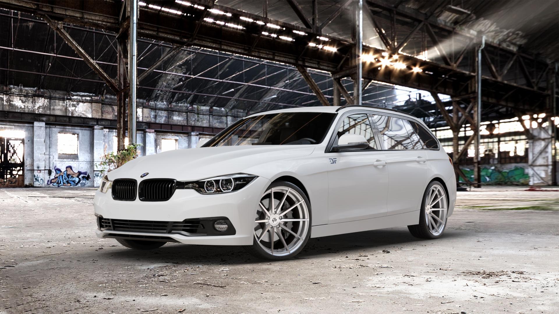 La Chanti Performance LC-P10 Machined Silver Felge mit Reifen silber in 20Zoll Alufelge auf weissem BMW 330d Typ F31 (Touring) xDrive 318i 330i 340i 3er Touring (3K, 3K-N1) ⬇️ mit 15mm Tieferlegung ⬇️ Old Industrial Hall_max_5300mm_2024 Frontansicht_1