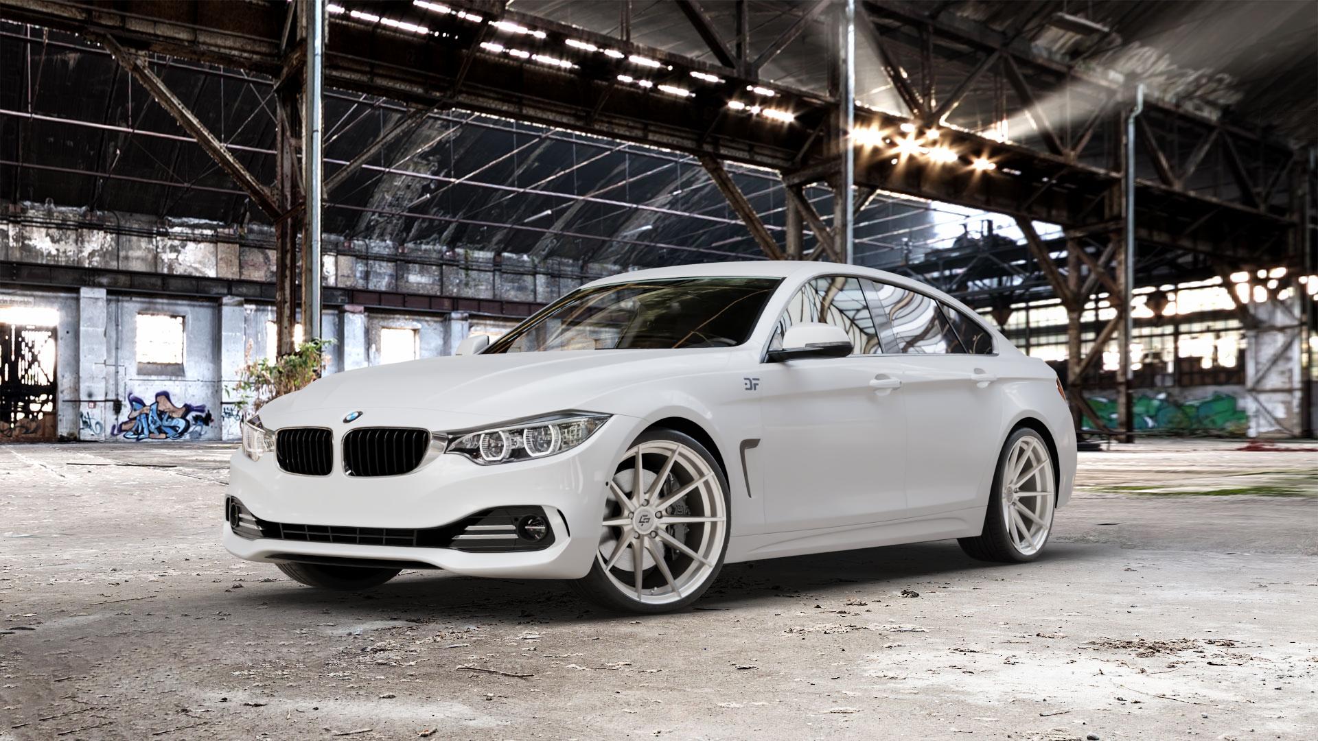 La Chanti Performance LC-P10 Machined Silver Felge mit Reifen silber in 20Zoll Alufelge auf weissem BMW 418d Typ F36 (Gran Coupe) 420d xDrive 420i 428i 435i 430d 440i 418i 430i 425d 4er Gran Coupe (3C) ⬇️ mit 15mm Tieferlegung ⬇️ Old Industrial Hall_max_5300mm_2024 Frontansicht_1