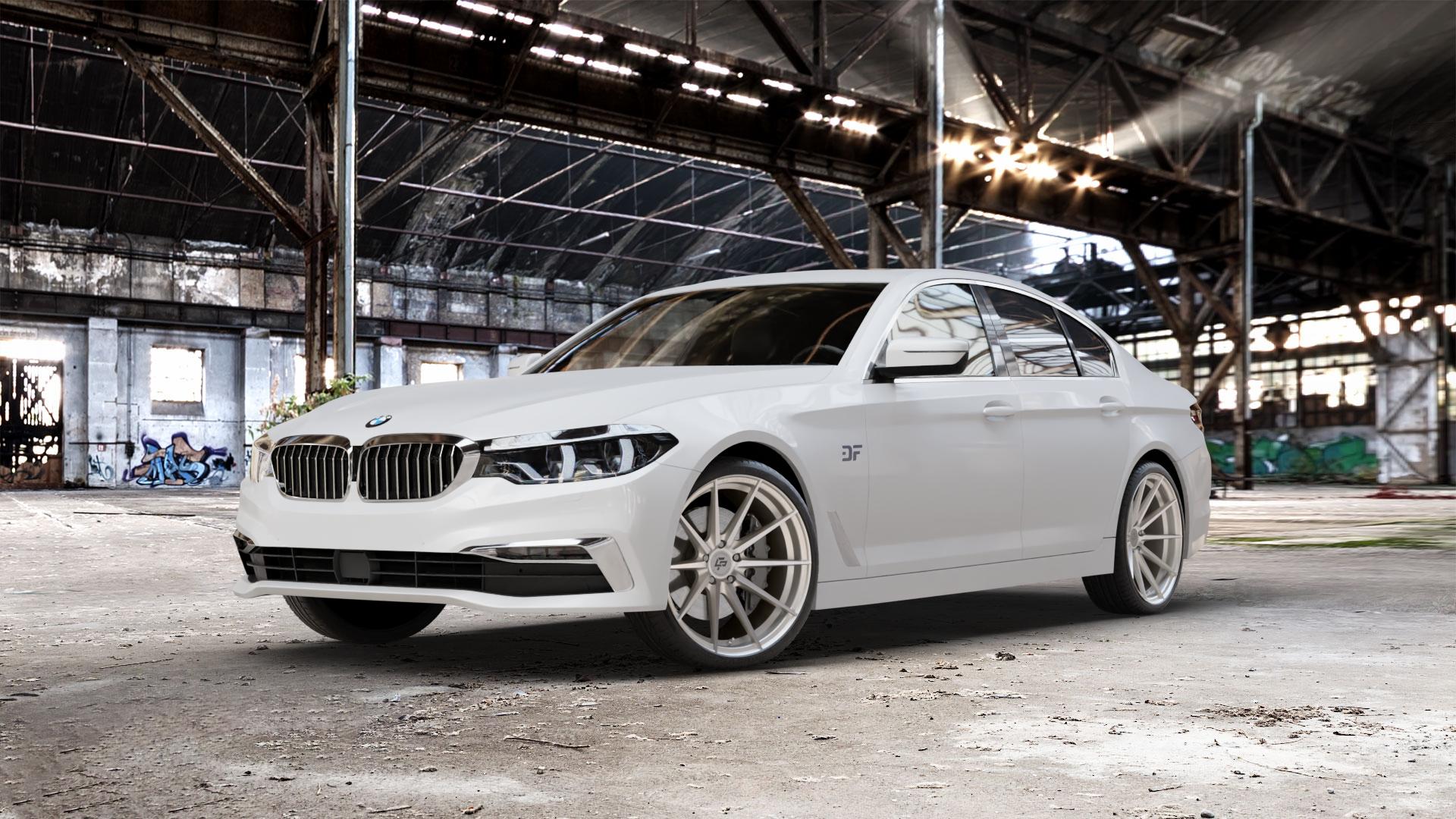 La Chanti Performance LC-P10 Machined Silver Felge mit Reifen silber in 20Zoll Alufelge auf weissem BMW 5er G30 Limousine (G5L) ⬇️ mit 15mm Tieferlegung ⬇️ Old Industrial Hall_max_5300mm_2024 Frontansicht_1
